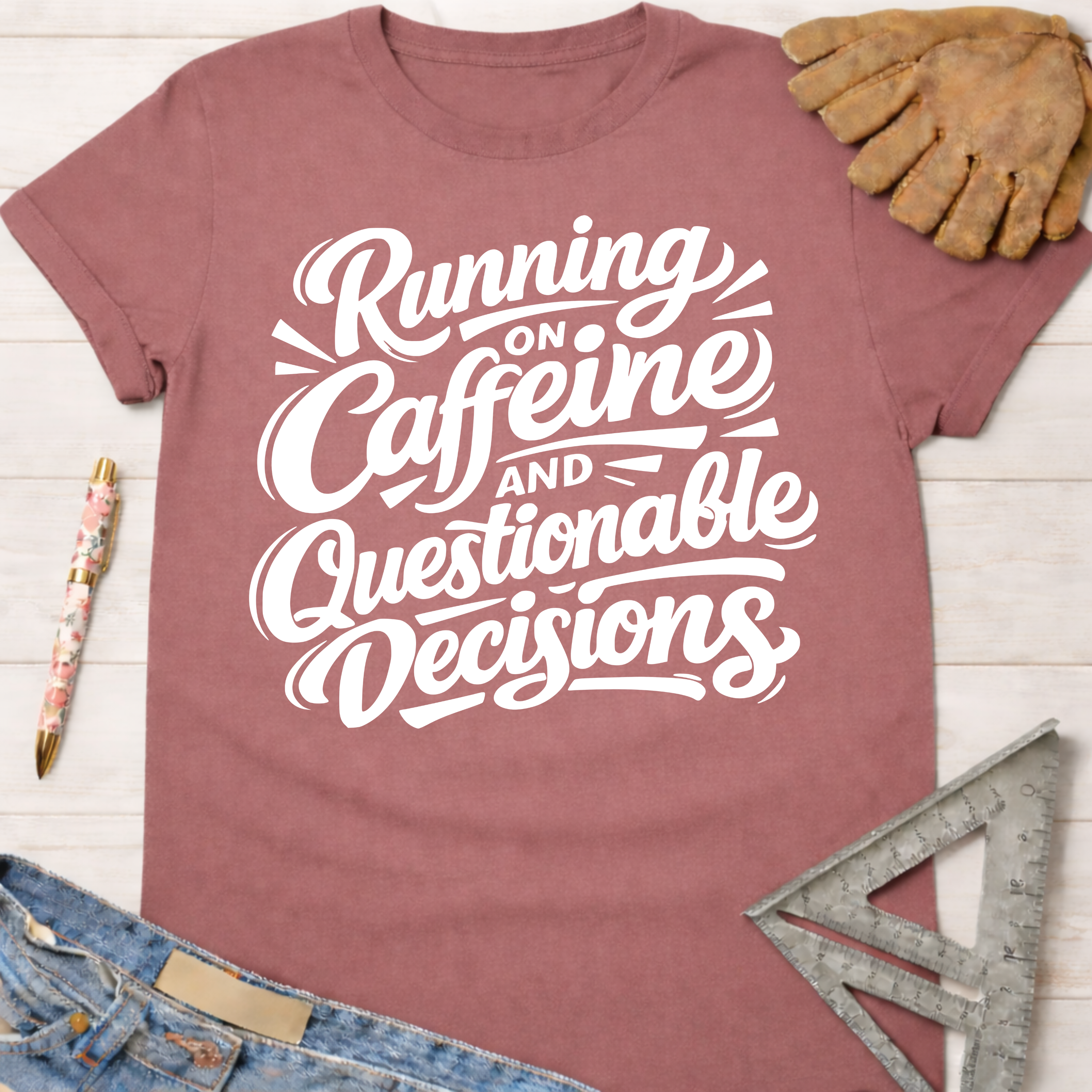 Mauve cotton tee with "Running on Caffeine and Questionable Decisions" graphic.