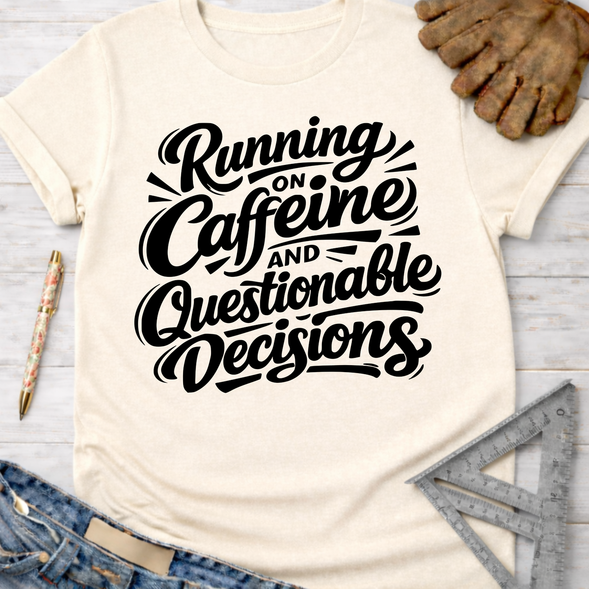 Cream t-shirt with "Running on Caffeine and Questionable Decisions" in black script.