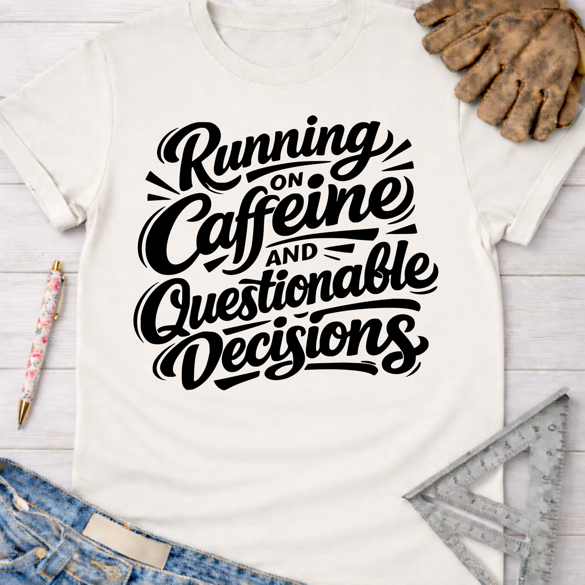 White cotton tee with "Running on Caffeine and Questionable Decisions" graphic. Women's funny woodworking graphic tee shirt for female woodworkers, makers, and DIY builders — Sawdust & Ponytails.