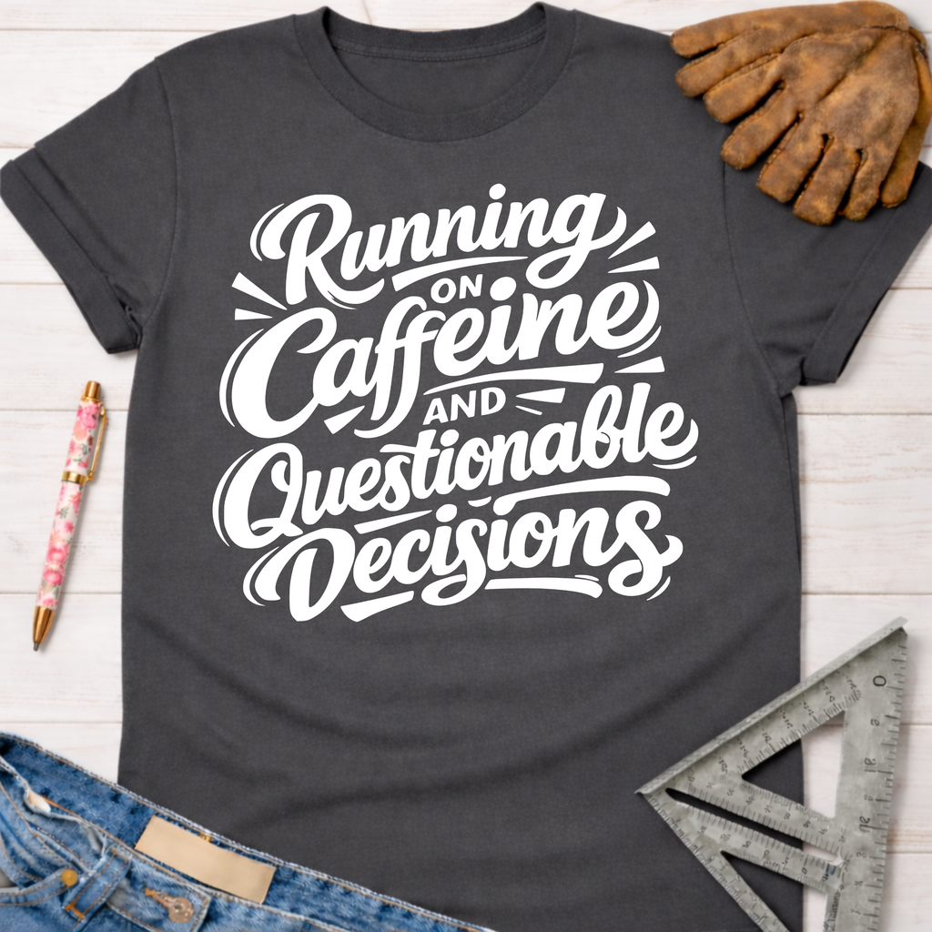 Charcoal gray "Running on Caffeine and Questionable Decisions" graphic tee with white text.
