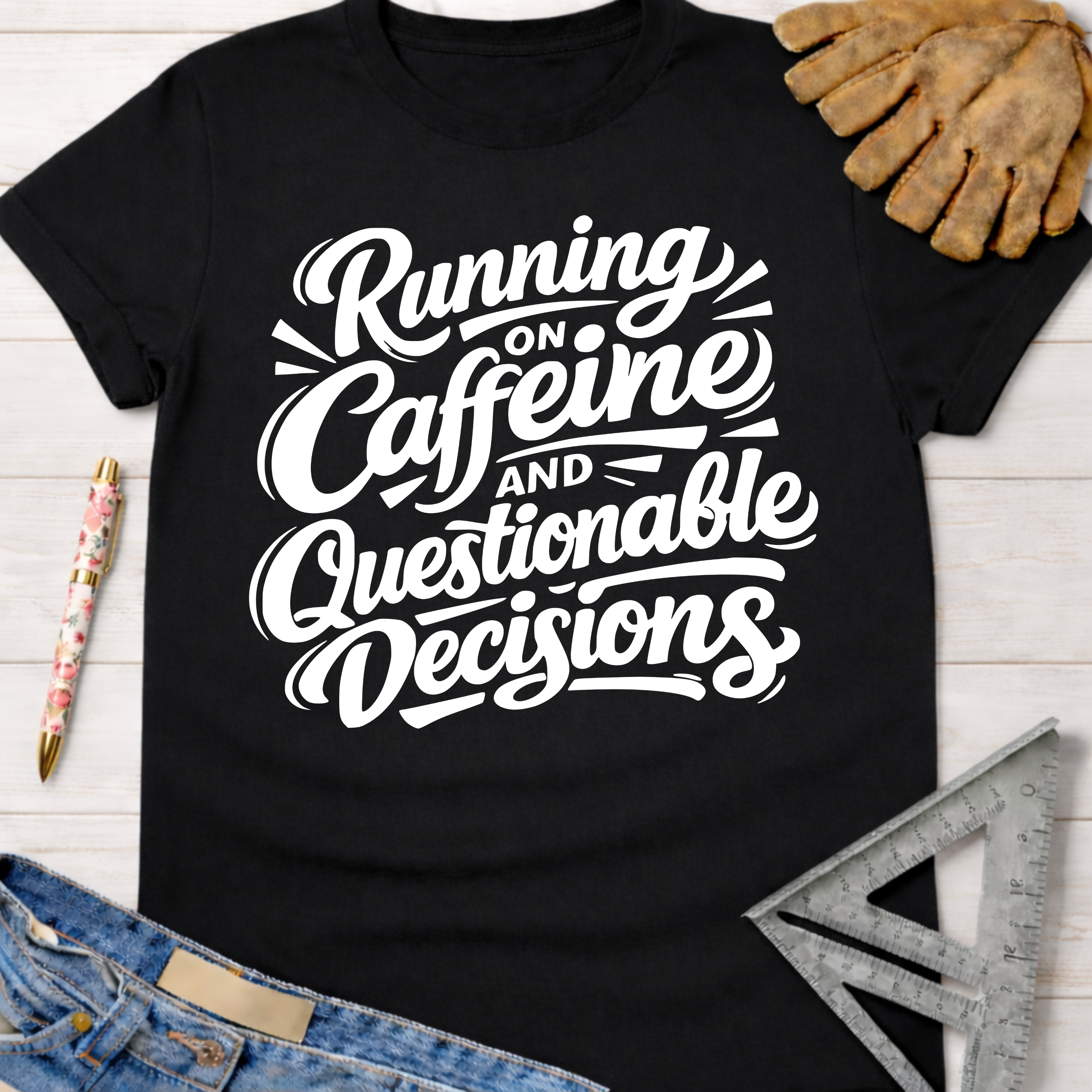 Black cotton "Running on Caffeine and Questionable Decisions" graphic tee.