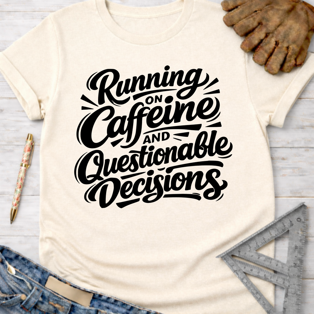 Women's funny woodworking graphic tee shirt for female woodworkers, makers, and DIY builders — Sawdust & Ponytails. Cream t-shirt with "Running on Caffeine and Questionable Decisions" in black script.