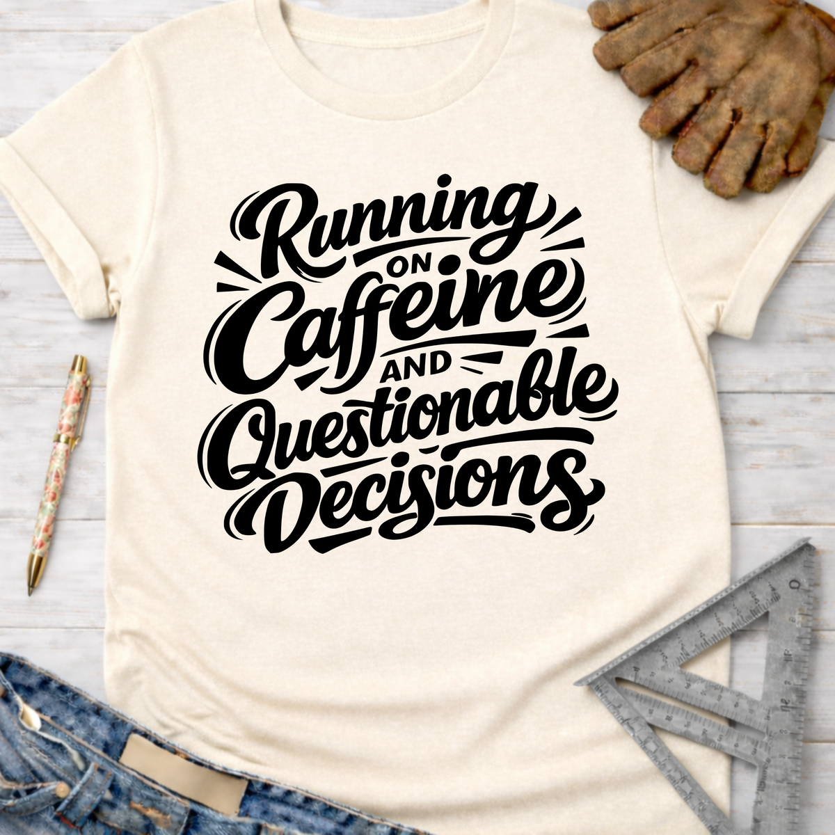 Women's funny woodworking graphic tee shirt for female woodworkers, makers, and DIY builders — Sawdust & Ponytails. Cream t-shirt with "Running on Caffeine and Questionable Decisions" in black script.