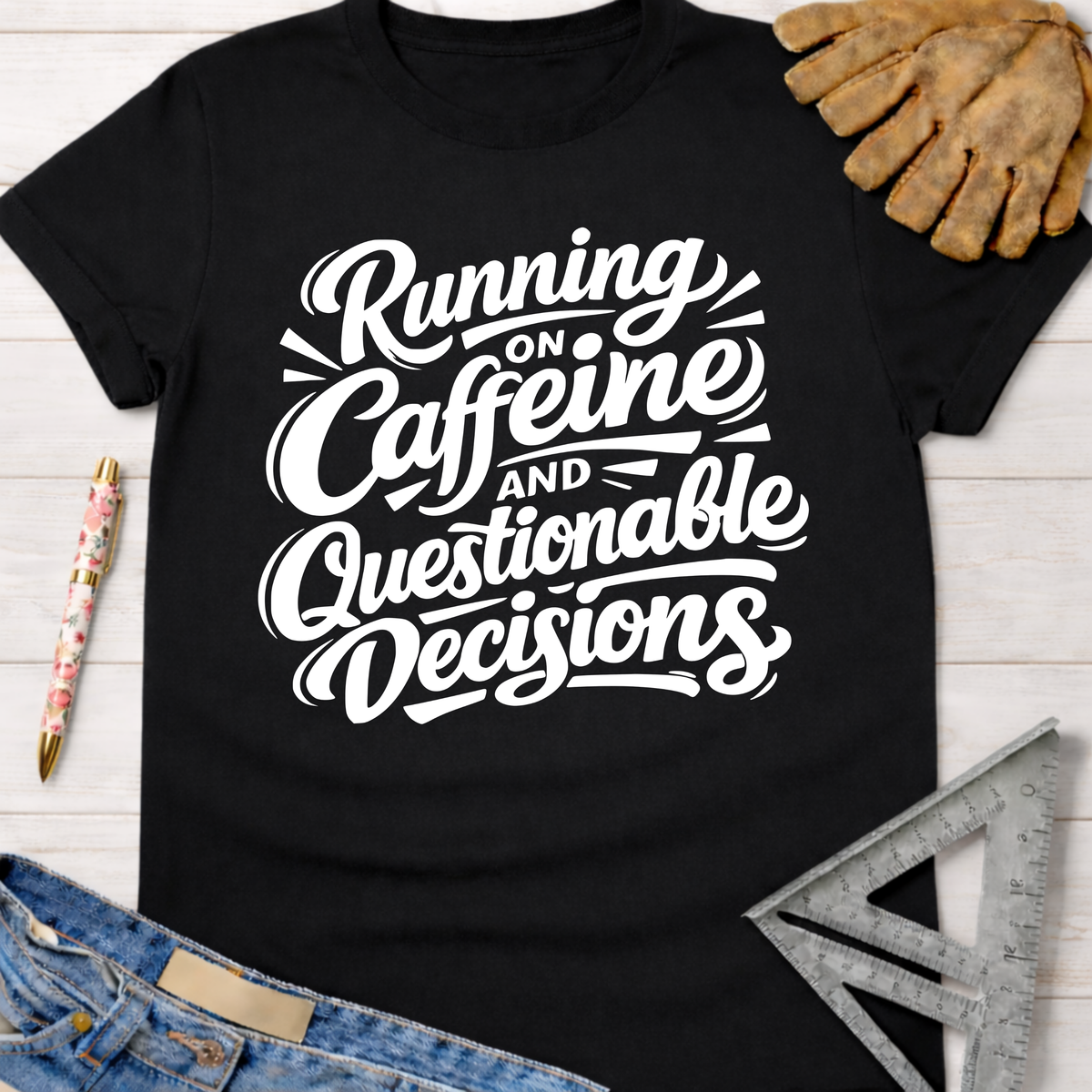 Black cotton "Running on Caffeine and Questionable Decisions" tee with work gloves, pen, ruler, and jeans. Women's funny woodworking graphic tee shirt for female woodworkers, makers, and DIY builders — Sawdust & Ponytails