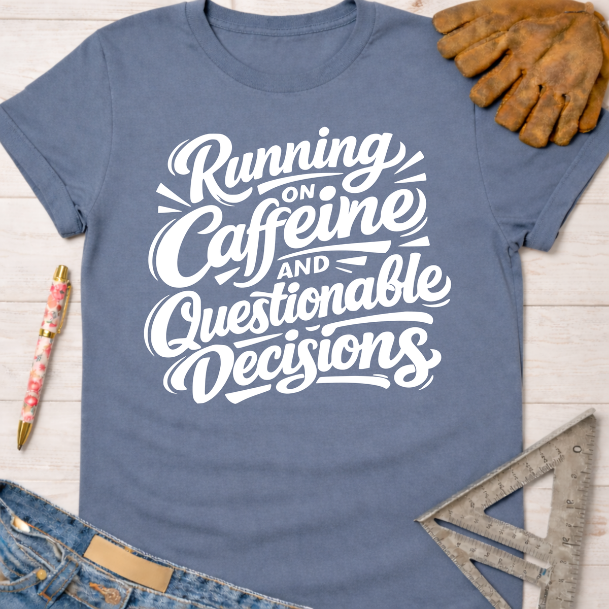 Women's funny woodworking graphic tee shirt for female woodworkers, makers, and DIY builders — Sawdust & Ponytails. Blue cotton tee with "Running on Caffeine and Questionable Decisions" in white script.
