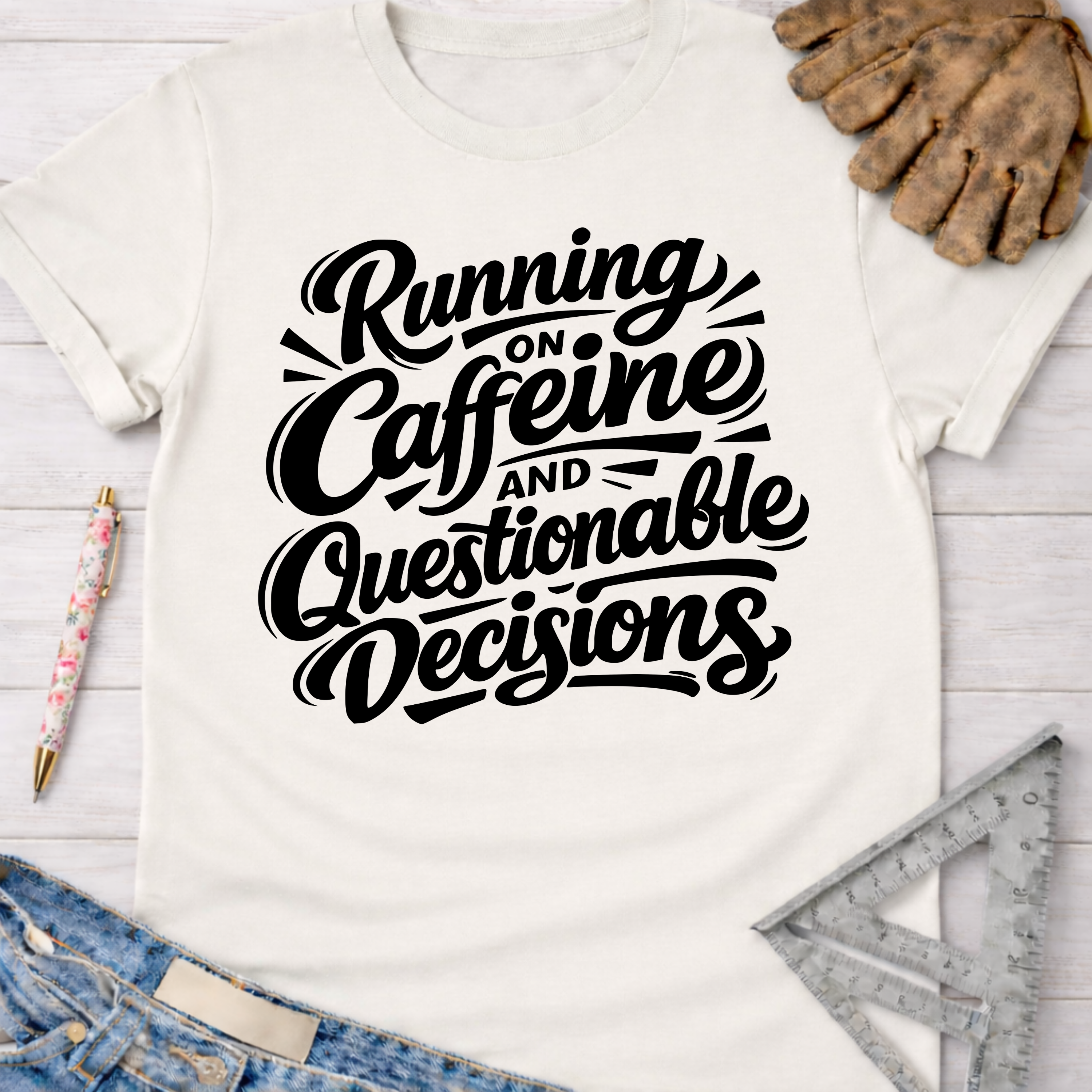 Women's funny woodworking graphic tee shirt for female woodworkers, makers, and DIY builders — Sawdust & Ponytails. White cotton tee with "Running on Caffeine and Questionable Decisions" in black script.