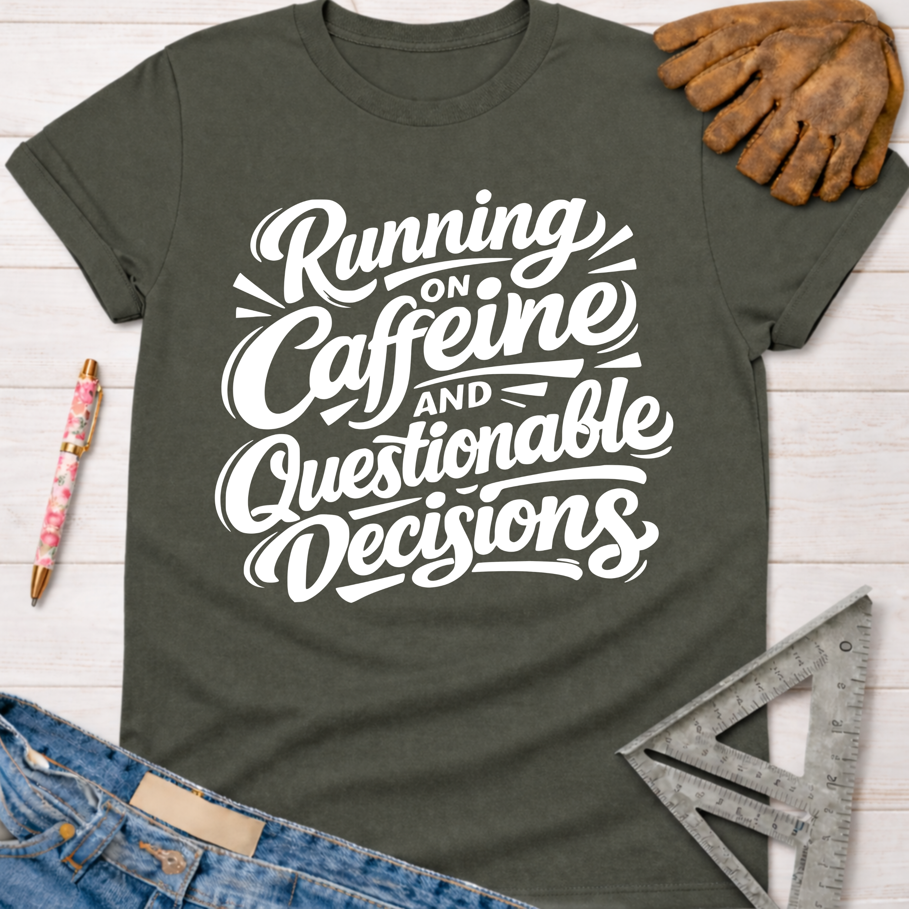 Women's funny woodworking graphic tee shirt for female woodworkers, makers, and DIY builders — Sawdust & Ponytails. Dark gray cotton tee with "Running on Caffeine and Questionable Decisions" in white script.