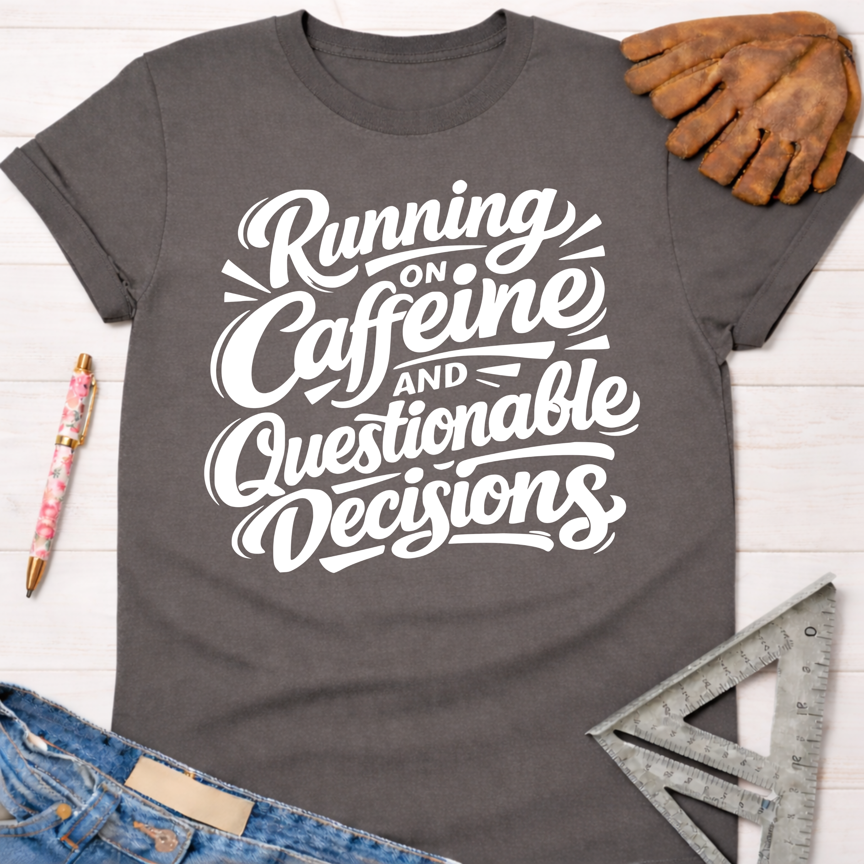 Women's funny woodworking graphic tee shirt for female woodworkers, makers, and DIY builders — Sawdust & Ponytails. Dark gray cotton tee with "Running on Caffeine and Questionable Decisions" in white script.