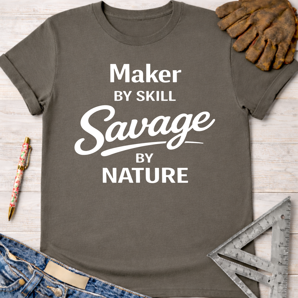 Women's funny woodworking graphic tee shirt for female woodworkers, makers, and DIY builders — Sawdust & Ponytails. Dark gray cotton tee with "Maker by Skill Savage by Nature" in white text.