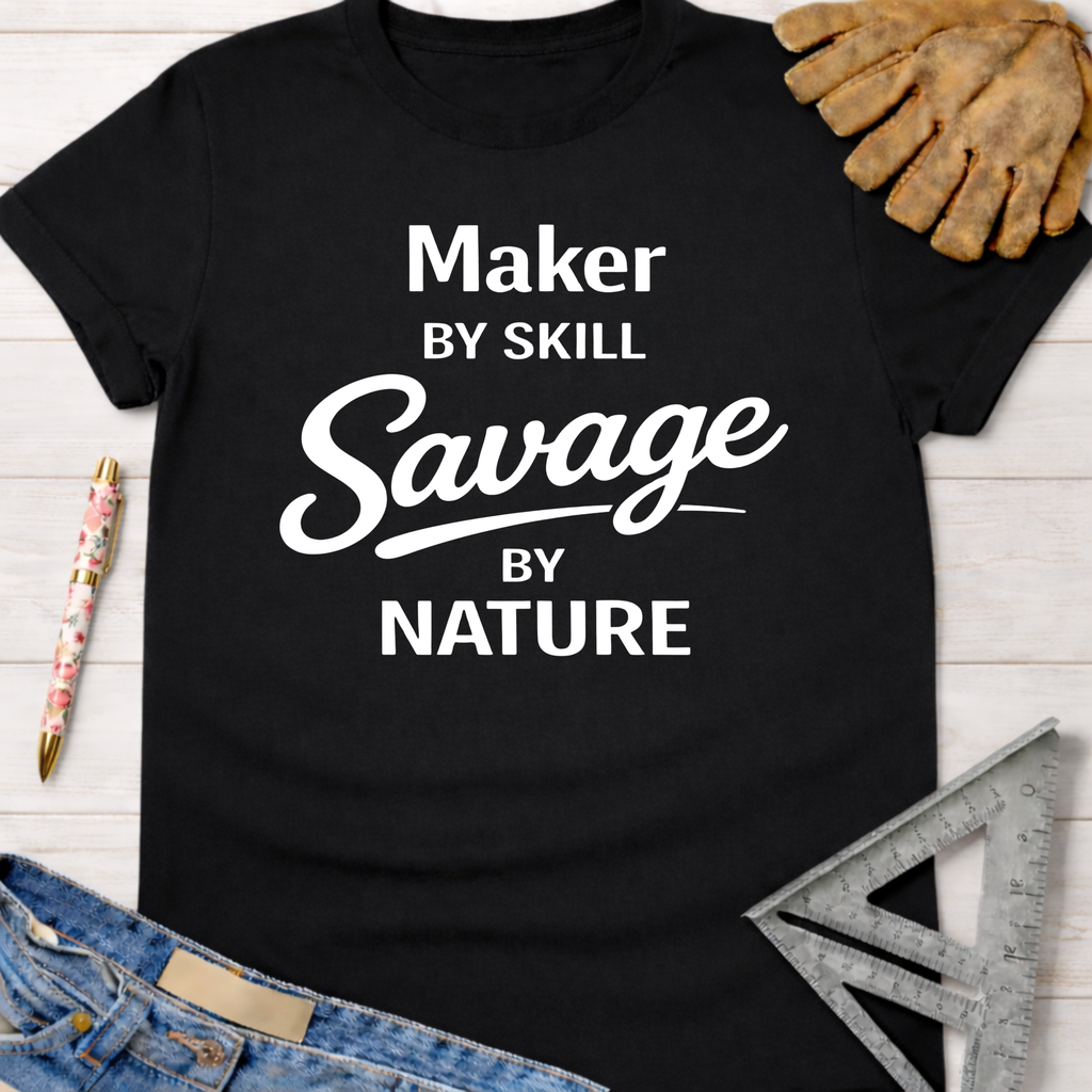 Black cotton t-shirt with "Maker by Skill Savage by Nature" text. Women's funny woodworking graphic tee shirt for female woodworkers, makers, and DIY builders — Sawdust & Ponytails