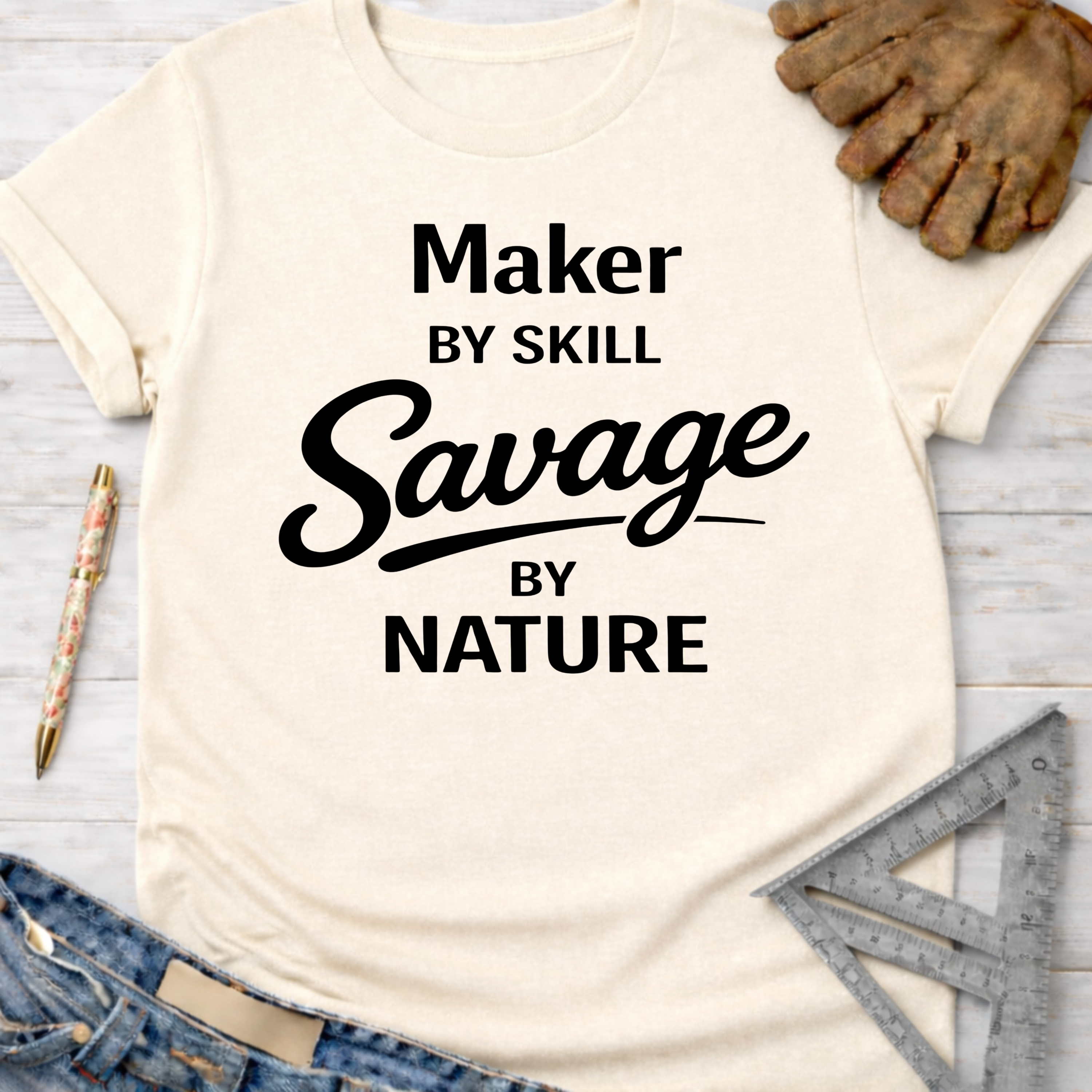 Women's funny woodworking graphic tee shirt for female woodworkers, makers, and DIY builders — Sawdust & Ponytails. Cream t-shirt with "Maker by Skill Savage by Nature" text.
