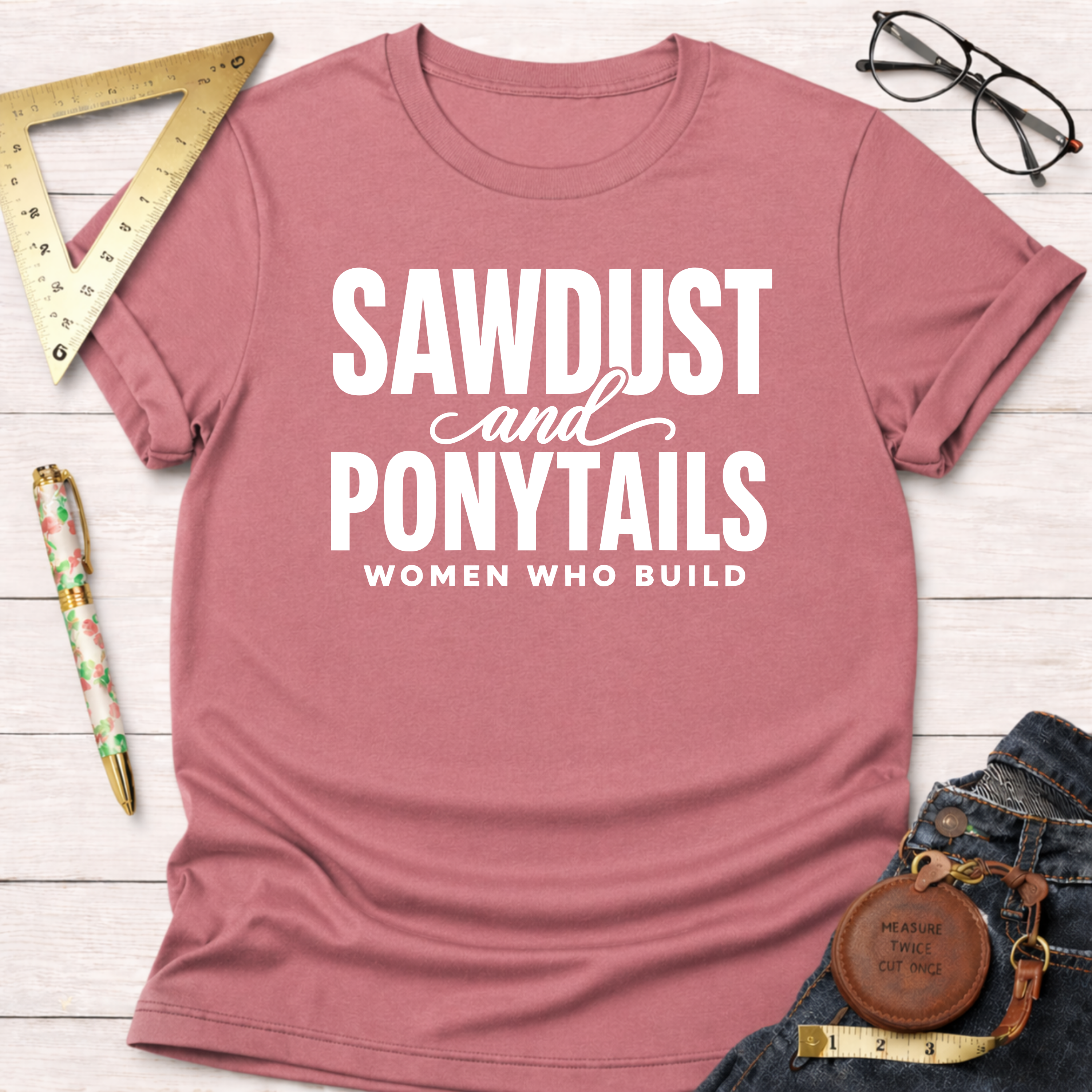 Pink "Sawdust and Ponytails Women Who Build" graphic t-shirt, cotton, with rolled sleeves.