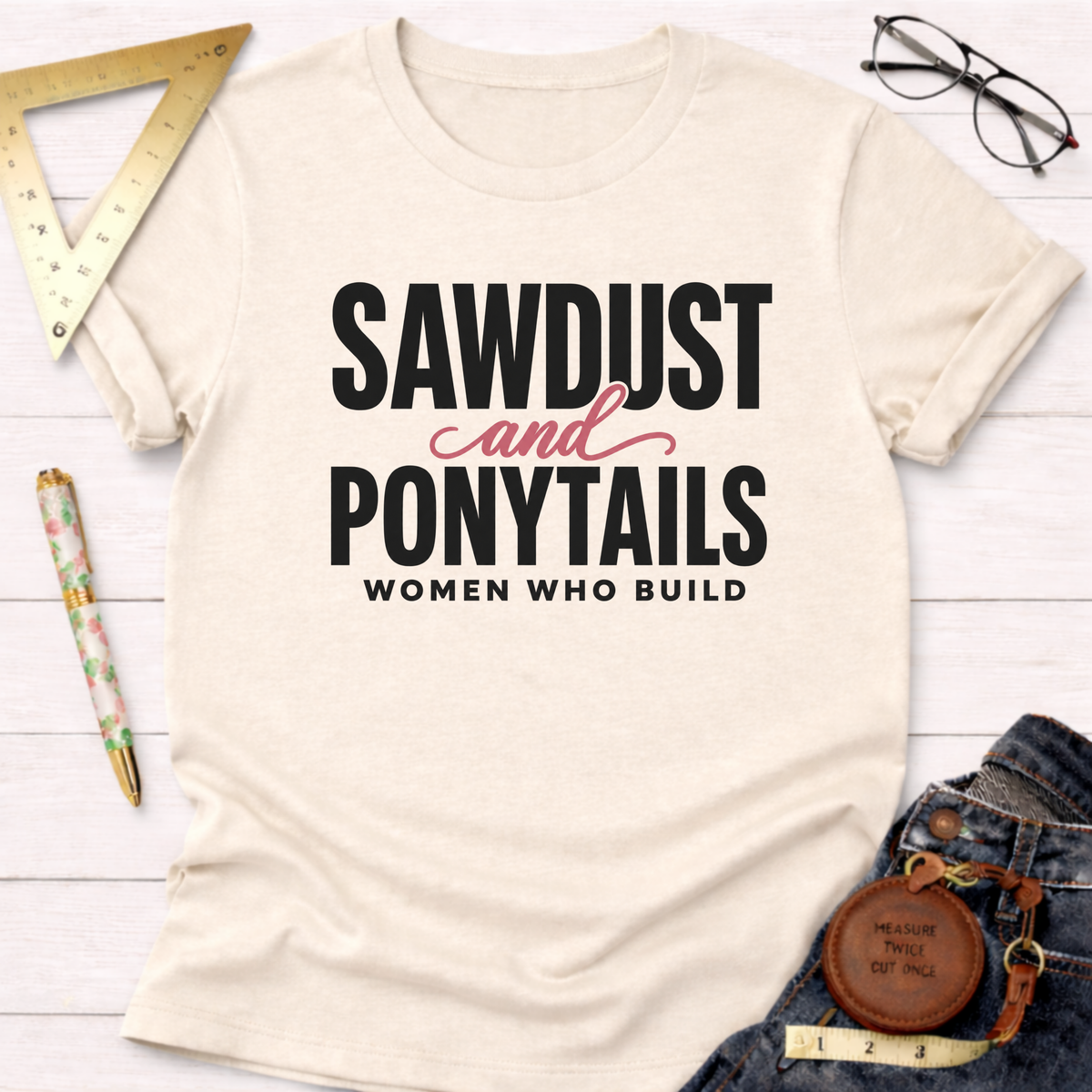 Cream cotton t-shirt with "SAWDUST and PONYTAILS WOMEN WHO BUILD" in black and pink text.