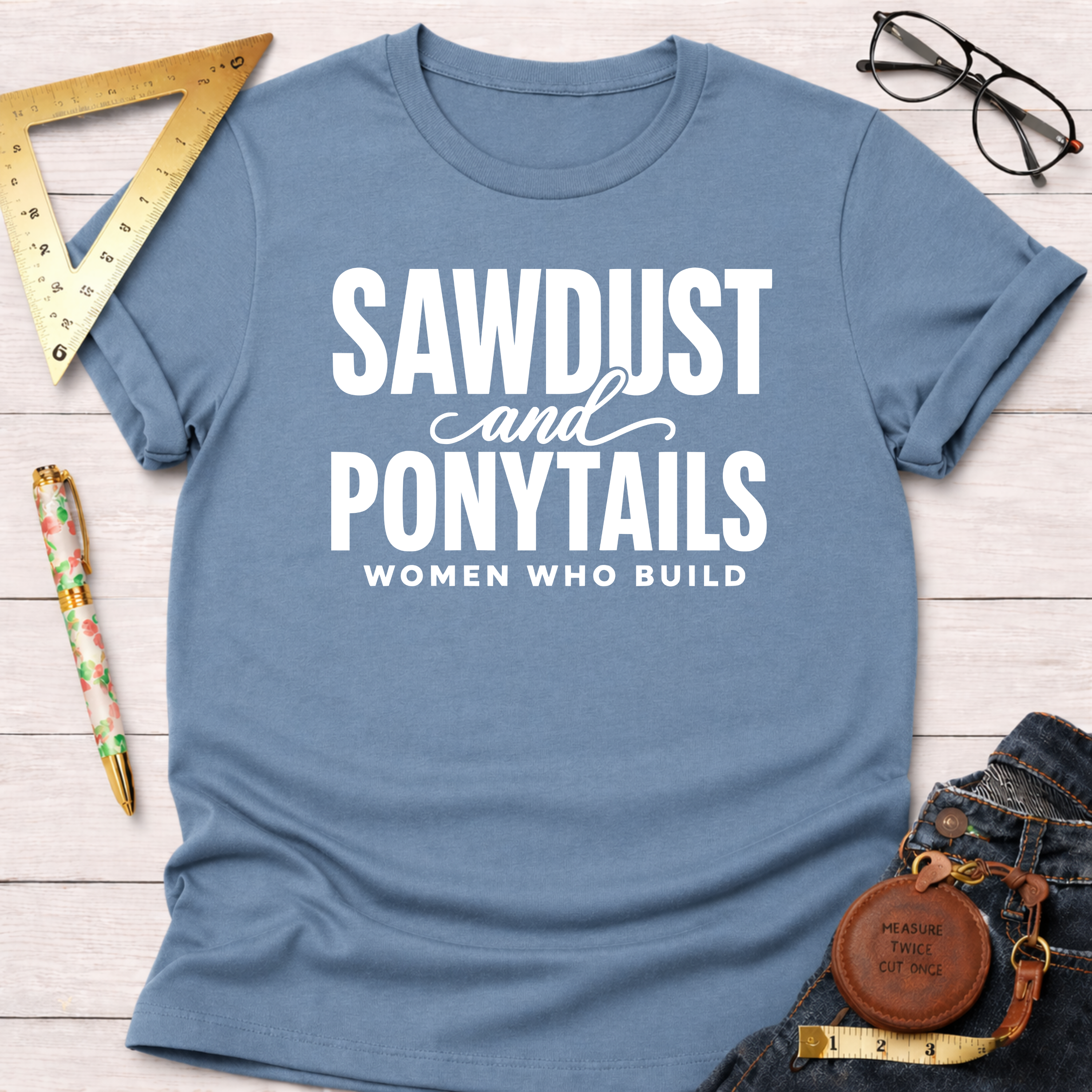 Blue cotton "Sawdust and Ponytails Women Who Build" t-shirt, flat lay with jeans, ruler, and glasses.