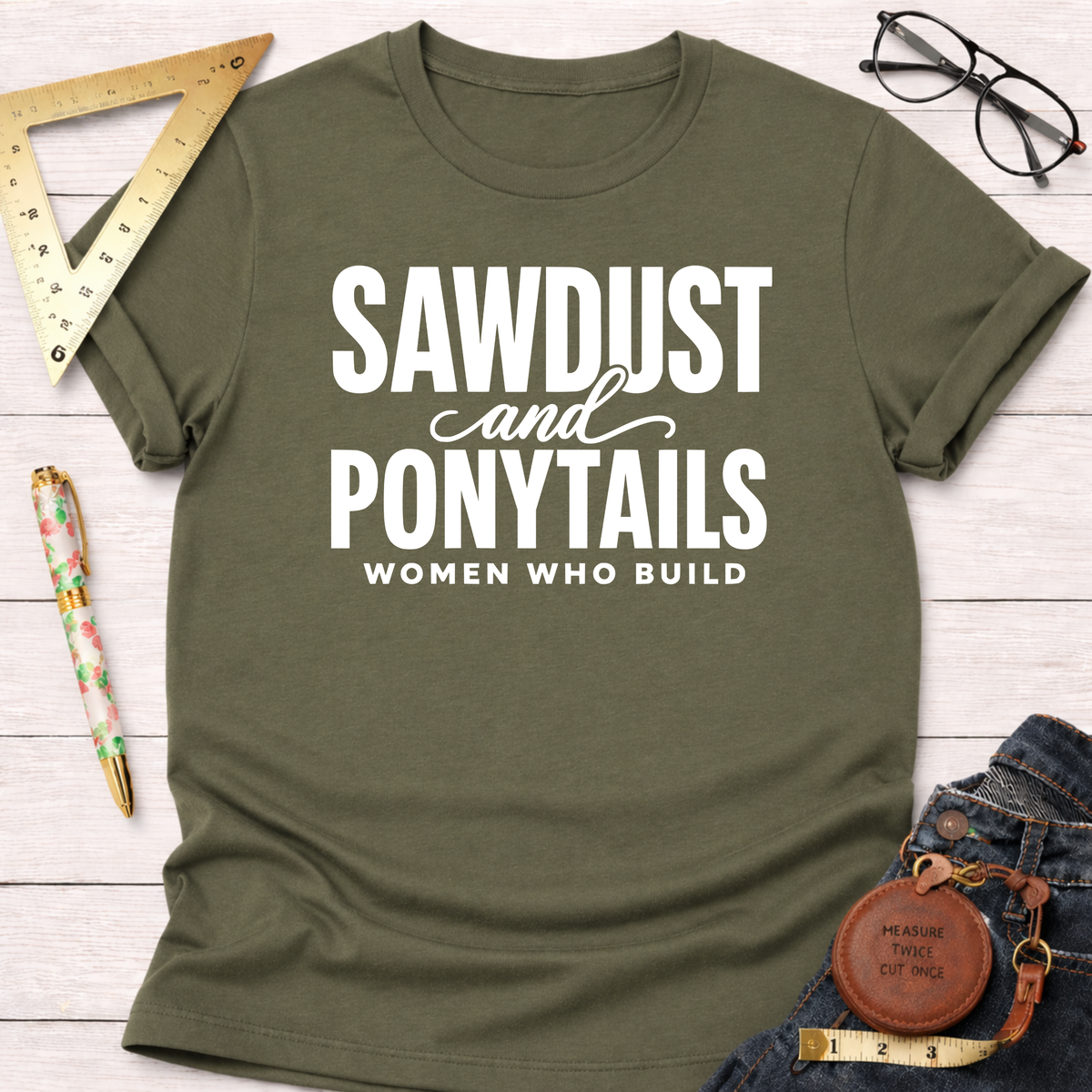 Olive green "Sawdust and Ponytails Women Who Build" t-shirt with white text, styled with jeans and tools.