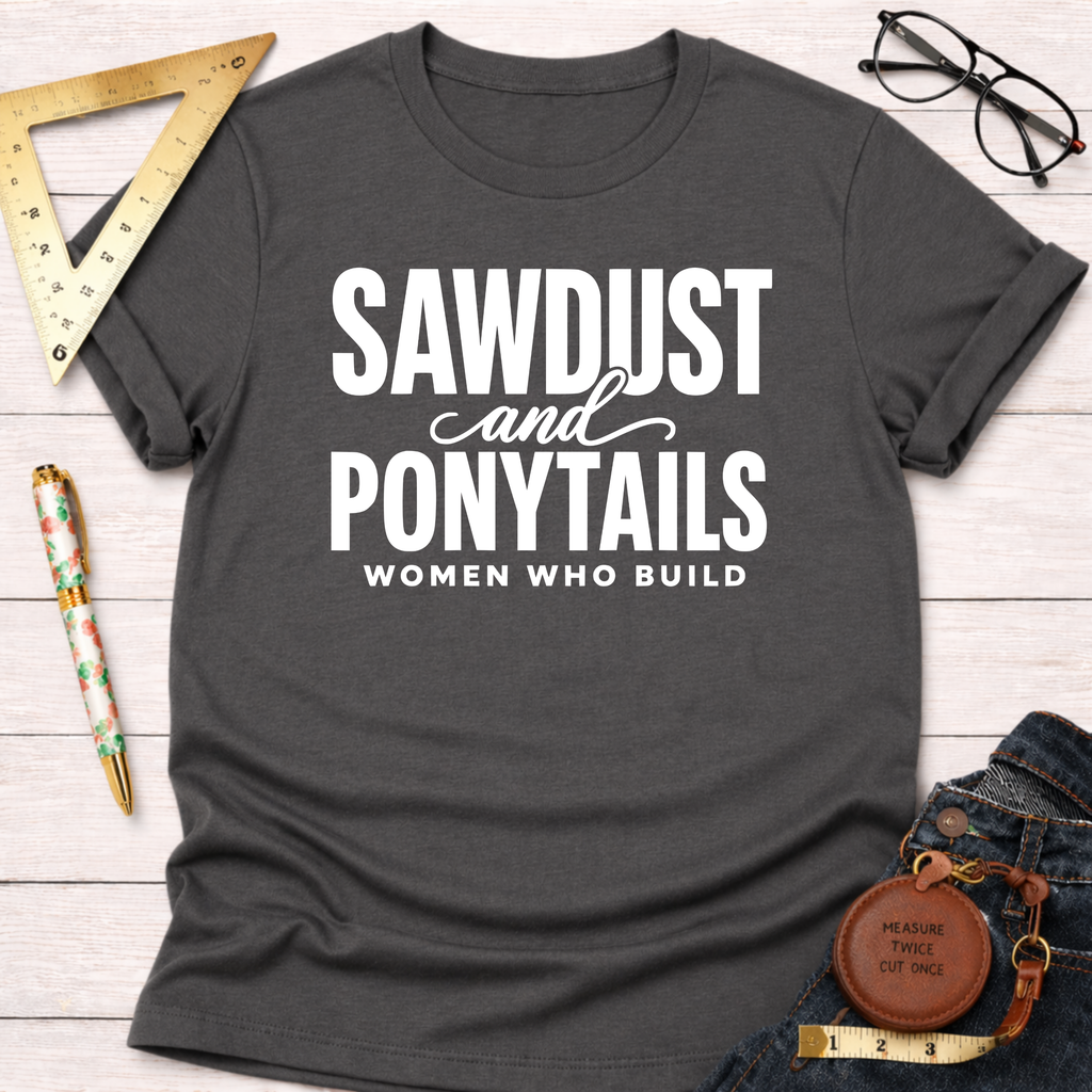 Charcoal gray "Sawdust and Ponytails Women Who Build" T-shirt with white text, flat lay on wood.