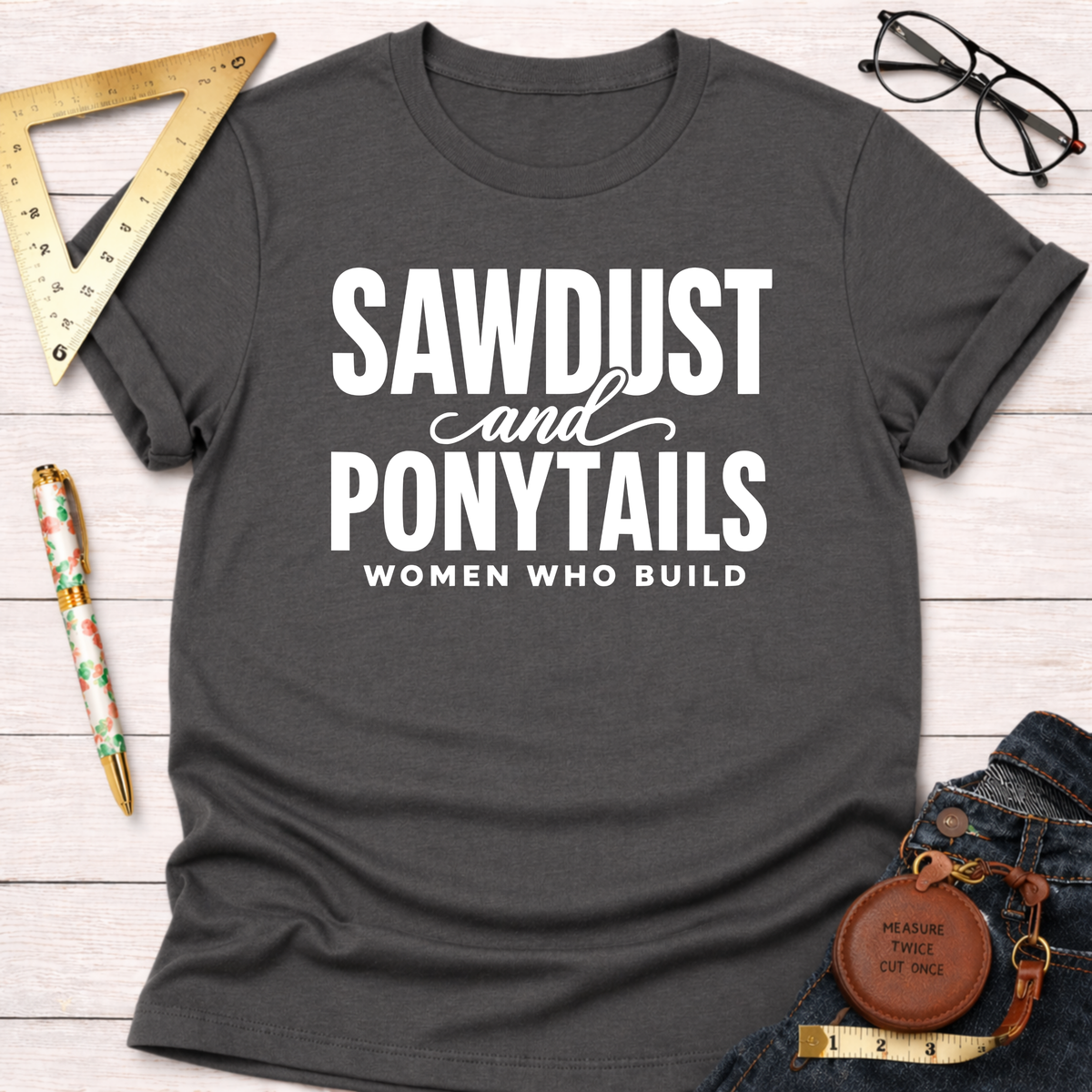 Charcoal gray "Sawdust and Ponytails Women Who Build" T-shirt with white text, flat lay on wood.