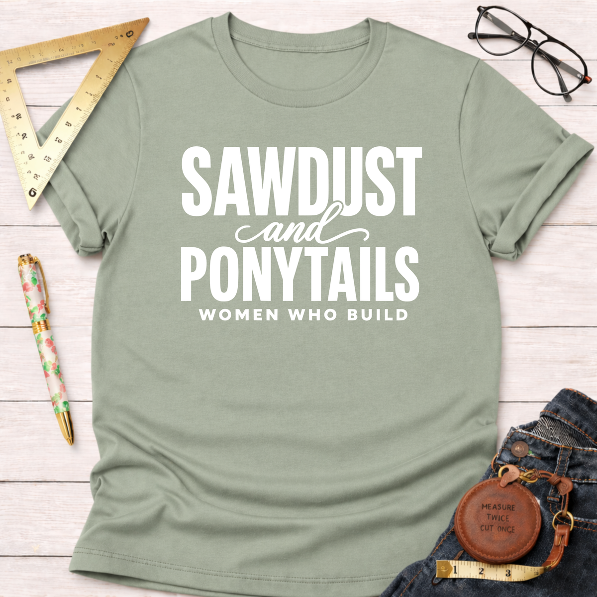 Sage green cotton t-shirt with "SAWDUST and PONYTAILS WOMEN WHO BUILD" in white text.
