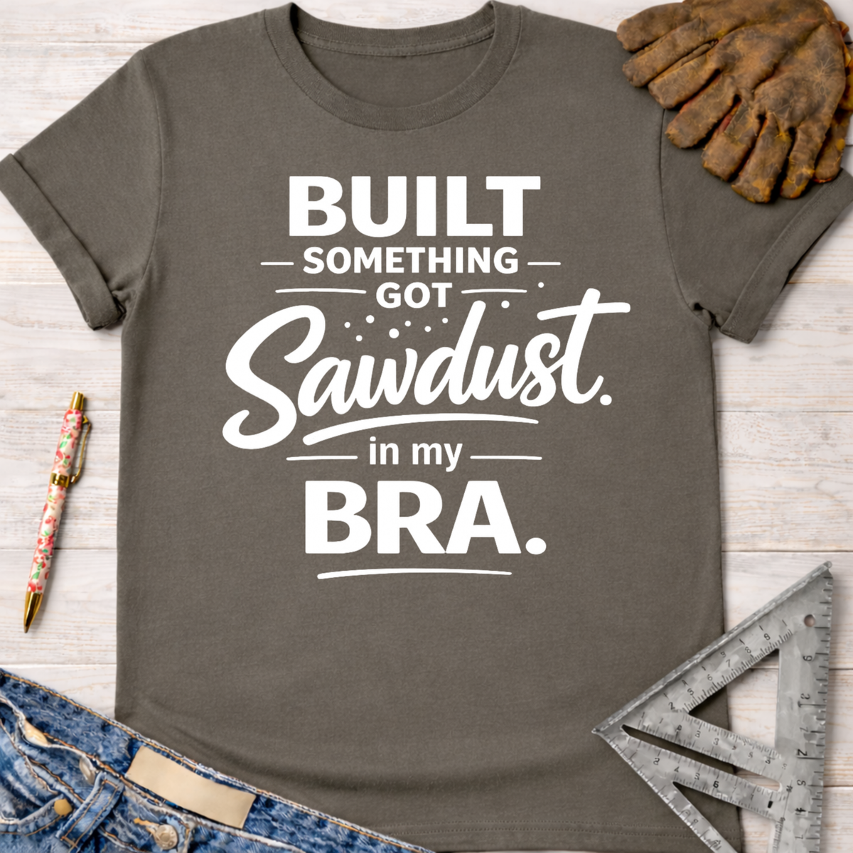 Charcoal gray women's funny woodworking graphic tee shirt for female woodworkers, makers, and DIY builders — Sawdust & Ponytails