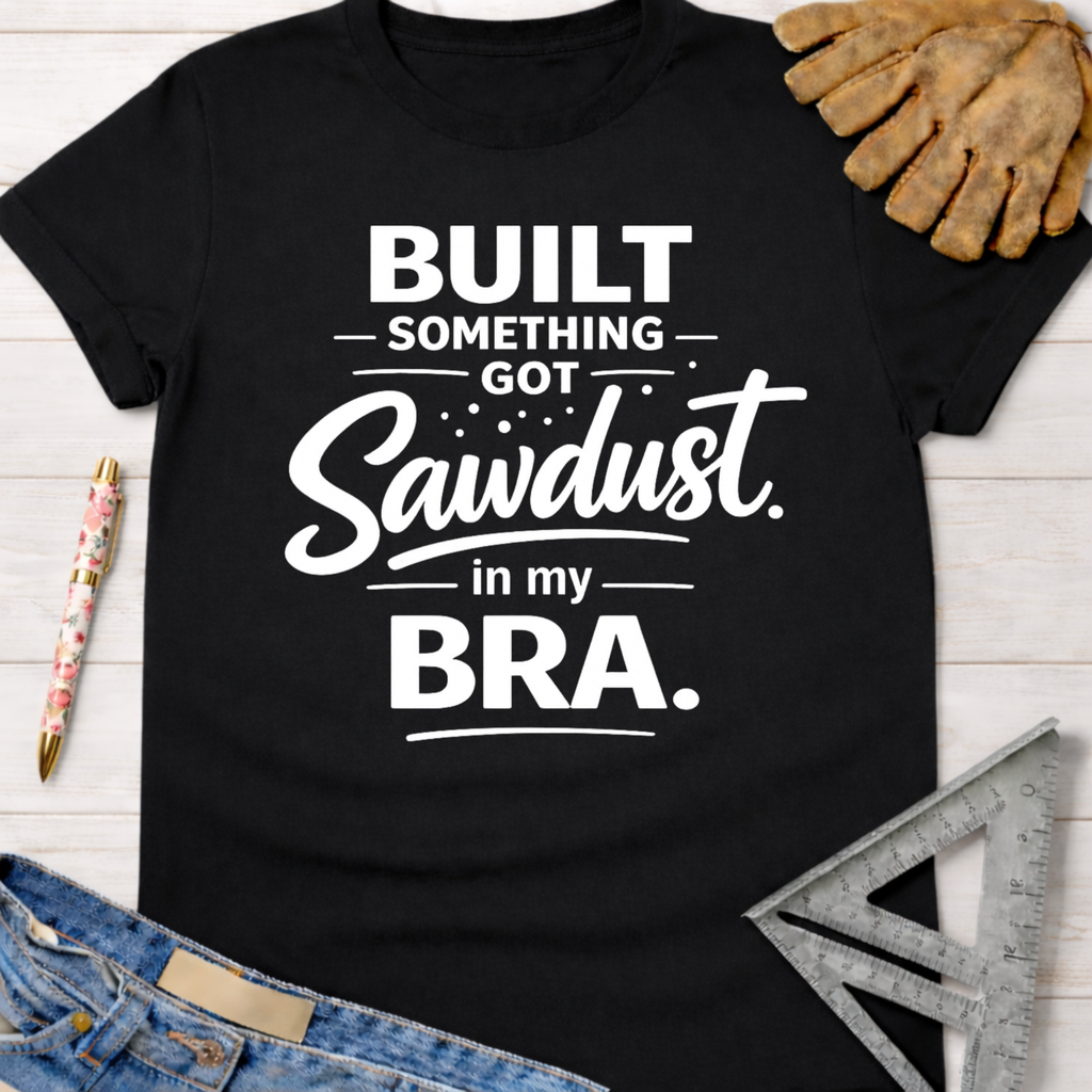 Black cotton t-shirt with "Built Something. Got Sawdust. in my BRA." text. Women's funny woodworking graphic tee shirt for female woodworkers, makers, and DIY builders — Sawdust & Ponytails