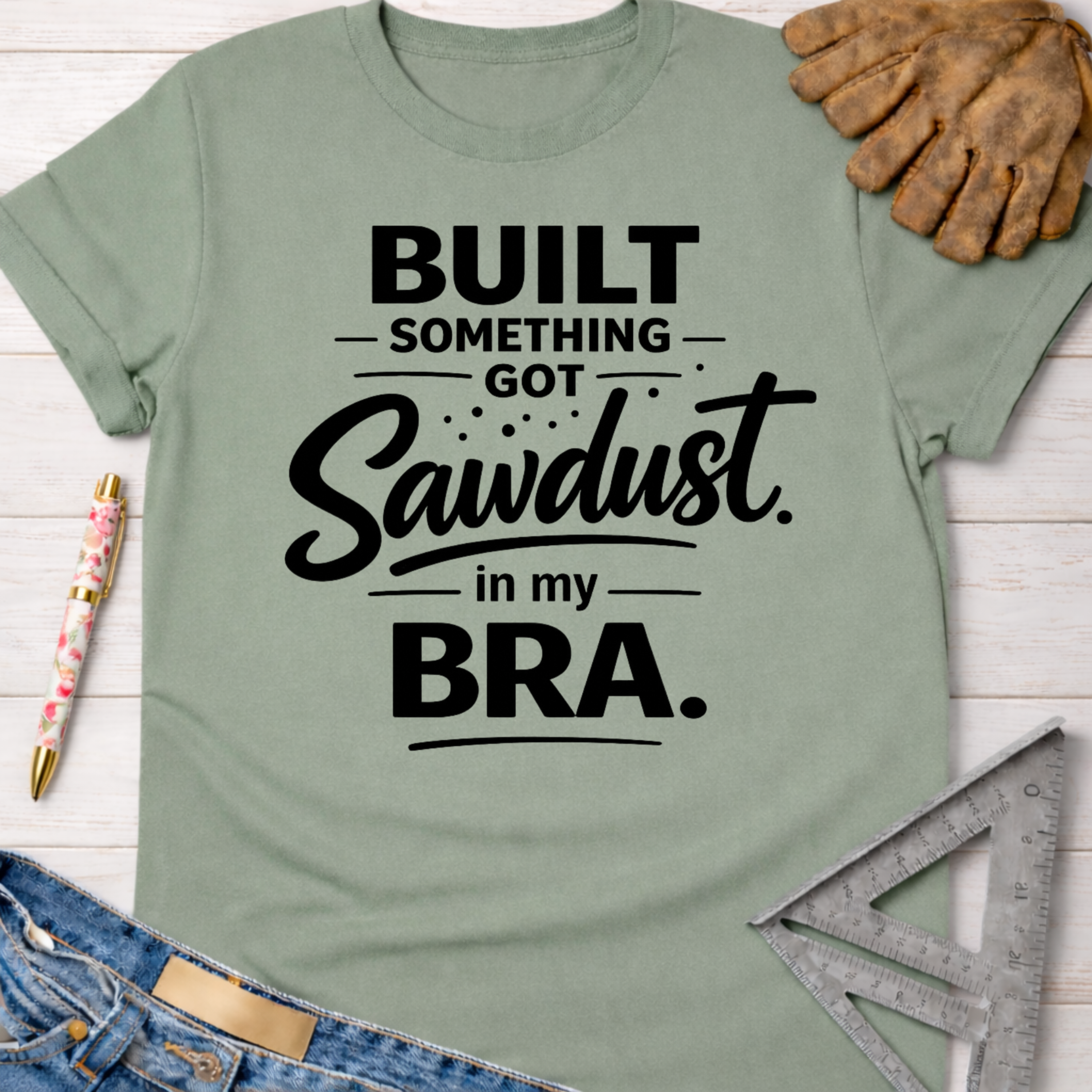 Women's funny woodworking graphic tee shirt for female woodworkers, makers, and DIY builders — Sawdust & Ponytails. Light green cotton tee with "Built Something, Got Sawdust in my Bra" text.