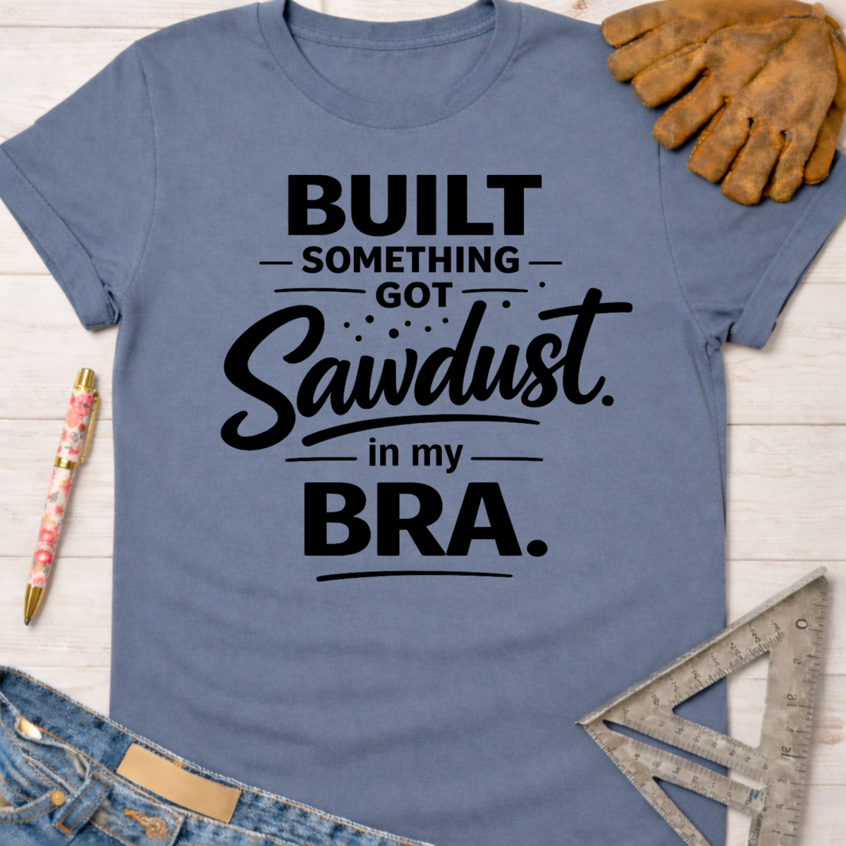 Women's funny woodworking graphic tee shirt for female woodworkers, makers, and DIY builders — Sawdust & Ponytails. Blue cotton t-shirt with "Built Something, Got Sawdust in my Bra" text.