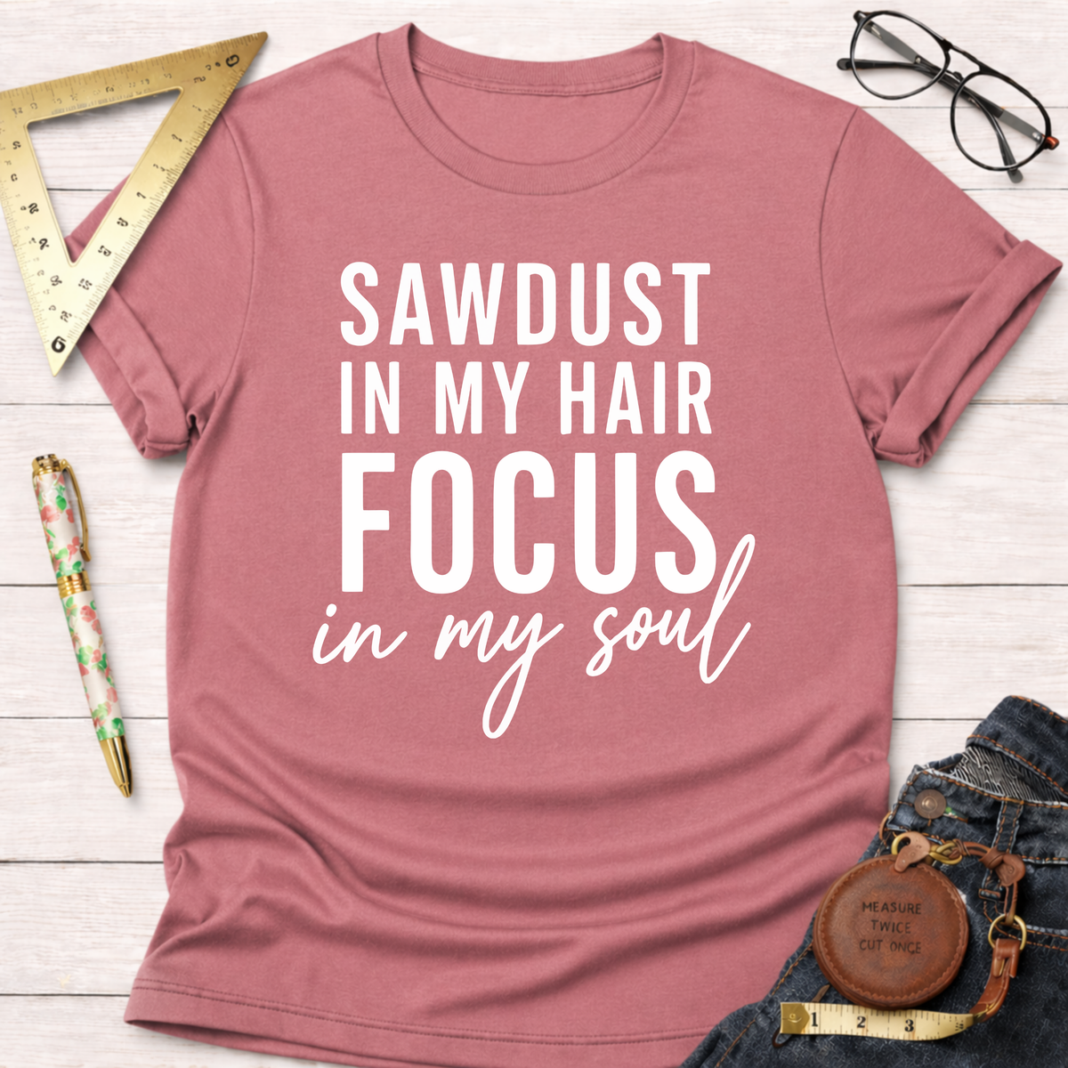 Dusty rose t-shirt with "Sawdust In My Hair Focus In My Soul" in white text, on a white wood background.