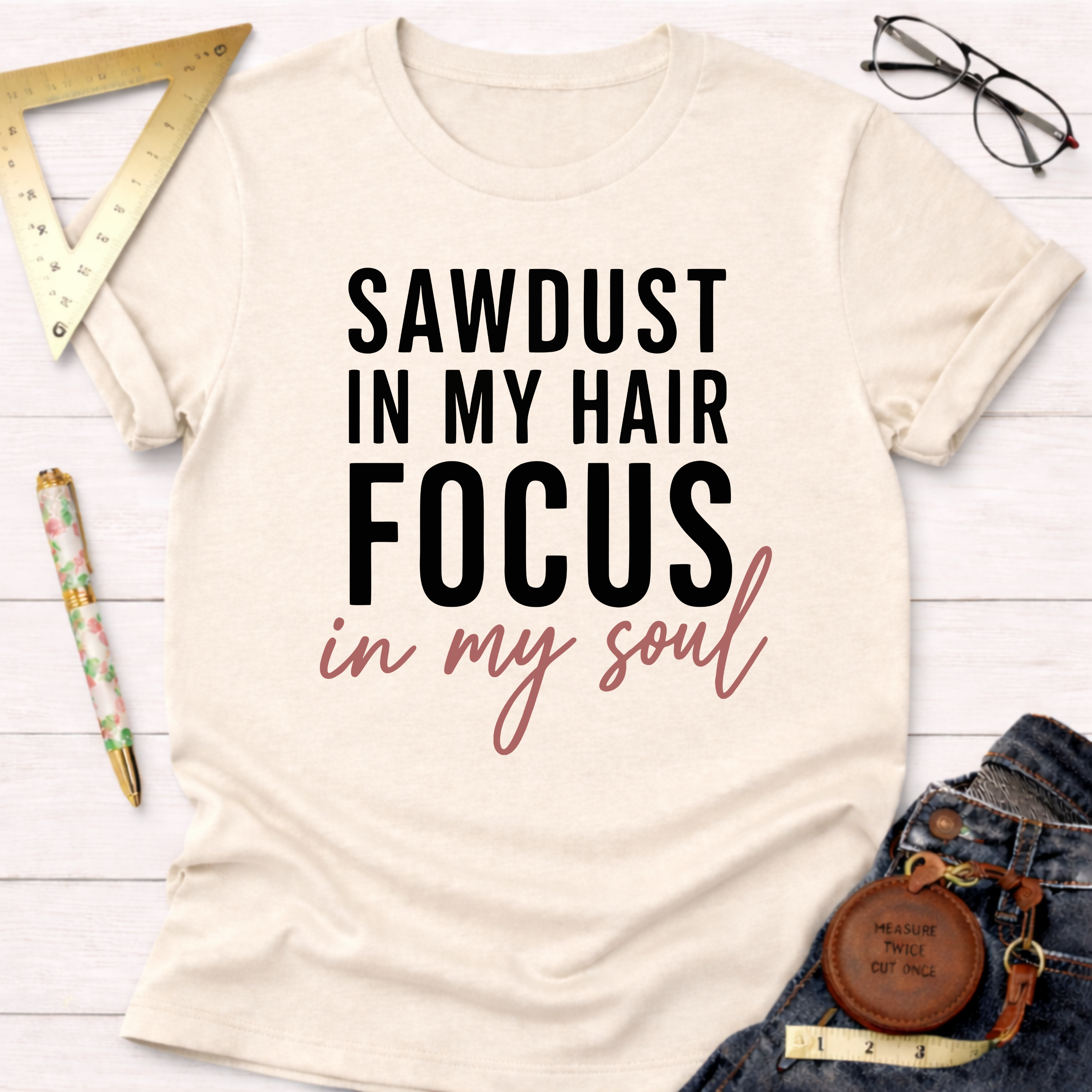 Cream cotton t-shirt with "SAWDUST IN MY HAIR FOCUS in my soul" text, styled with jeans and tools.