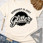 Women's funny woodworking graphic tee shirt for female woodworkers, makers, and DIY builders — Sawdust & Ponytails. Cream short-sleeve t-shirt with "Sawdust Is Just Glitter" graphic.