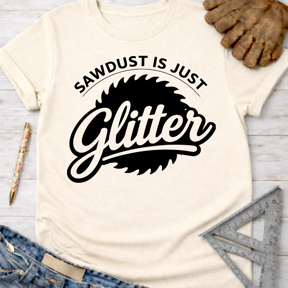 Women's funny woodworking graphic tee shirt for female woodworkers, makers, and DIY builders — Sawdust & Ponytails. Cream short-sleeve t-shirt with "Sawdust Is Just Glitter" graphic.