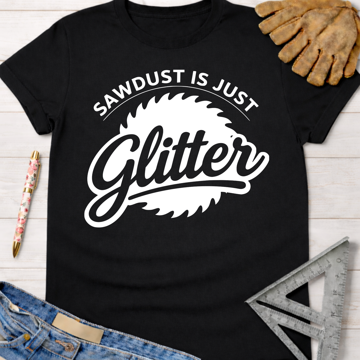 Women's funny woodworking graphic tee shirt for female woodworkers, makers, and DIY builders — Sawdust & Ponytails. Black cotton tee with "Sawdust Is Just Glitter" graphic.