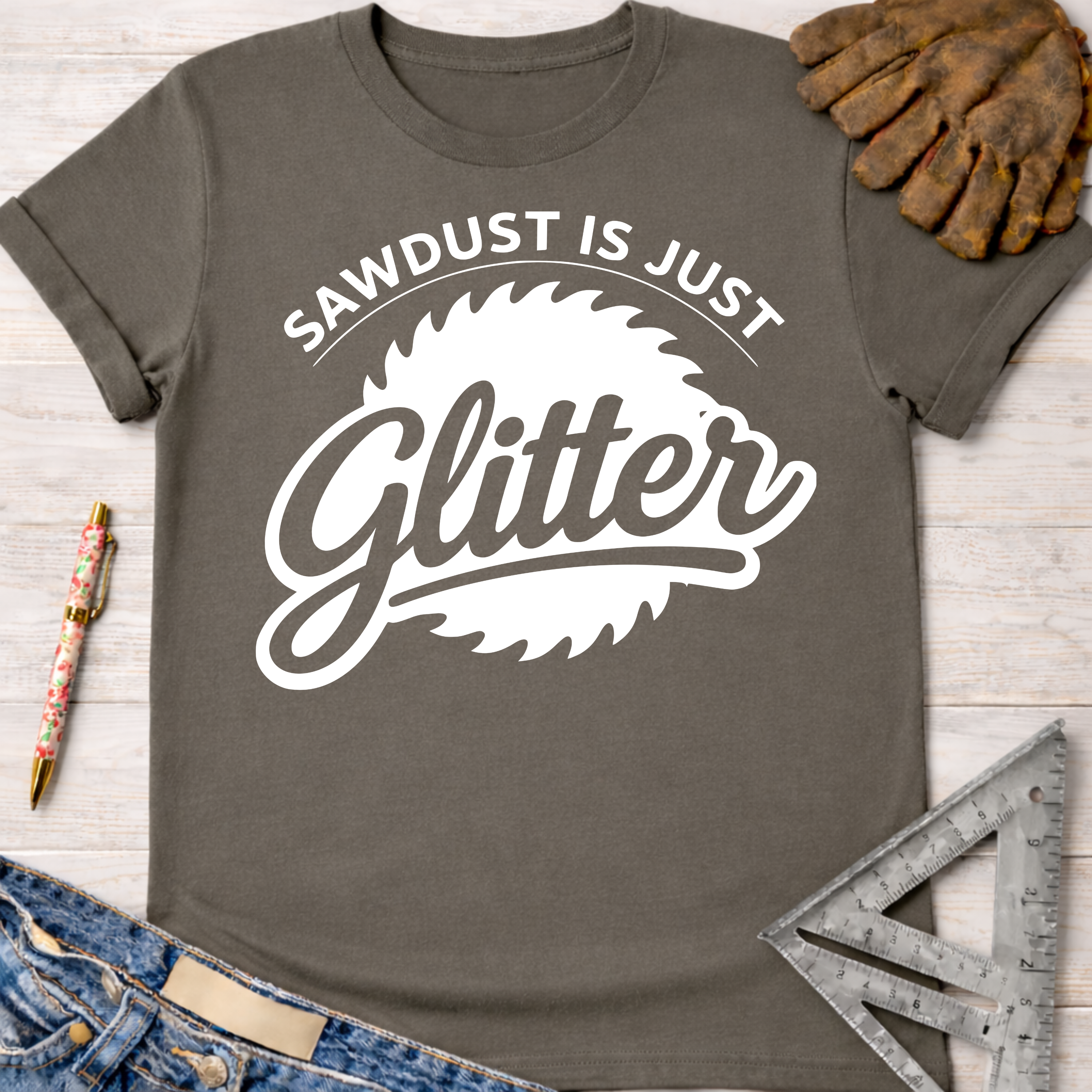 Women's funny woodworking graphic tee shirt for female woodworkers, makers, and DIY builders — Sawdust & Ponytails. Dark gray cotton tee with "Sawdust Is Just Glitter" graphic.