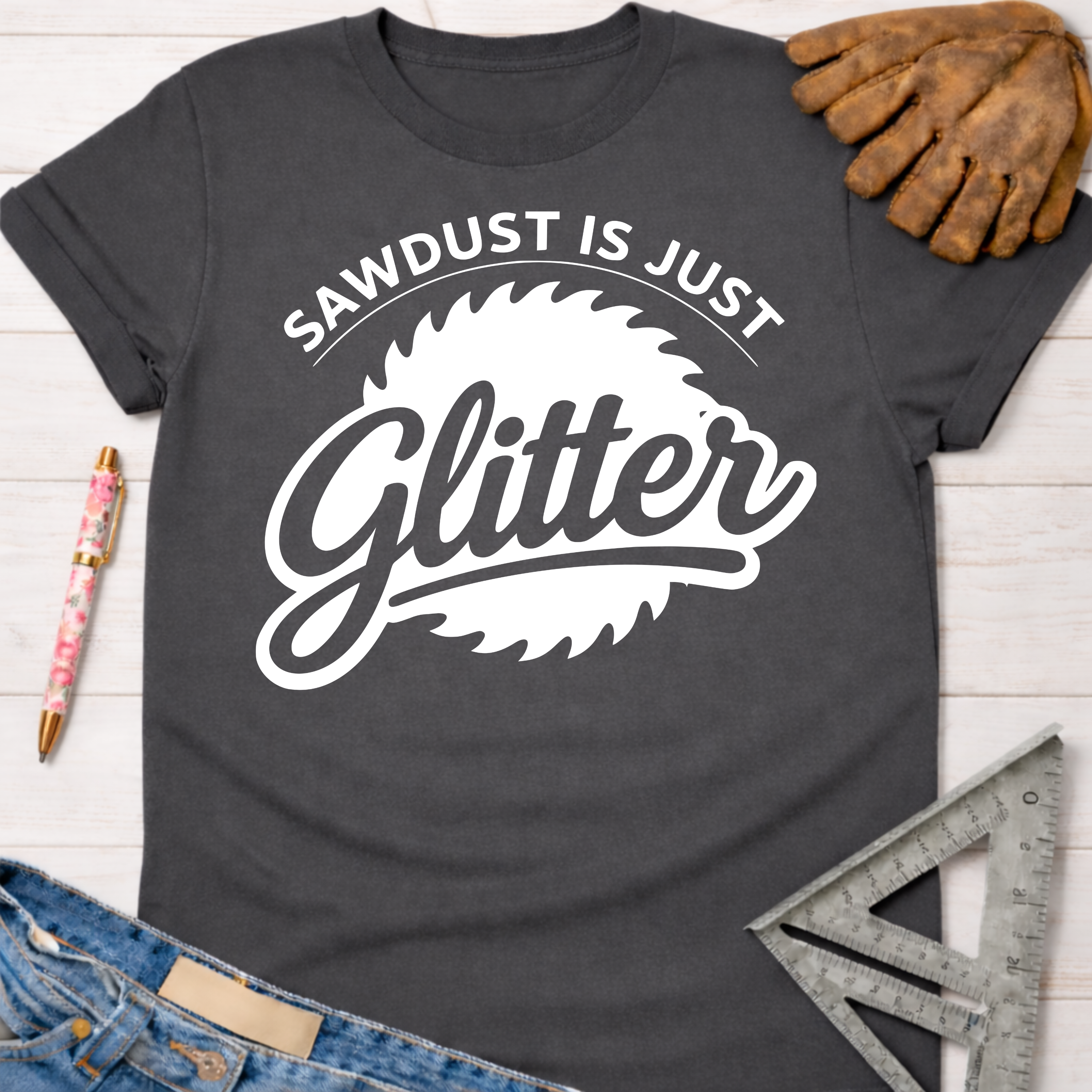 Women's funny woodworking graphic tee shirt for female woodworkers, makers, and DIY builders — Sawdust & Ponytails. Dark gray cotton tee with "Sawdust Is Just Glitter" graphic and saw blade design.
