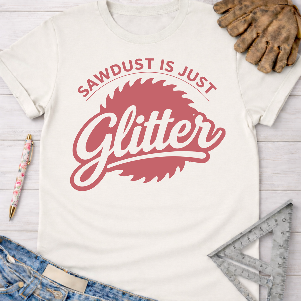 Women's funny woodworking graphic tee shirt for female woodworkers, makers, and DIY builders — Sawdust & Ponytails. Cream short-sleeve t-shirt with "Sawdust Is Just Glitter" graphic.