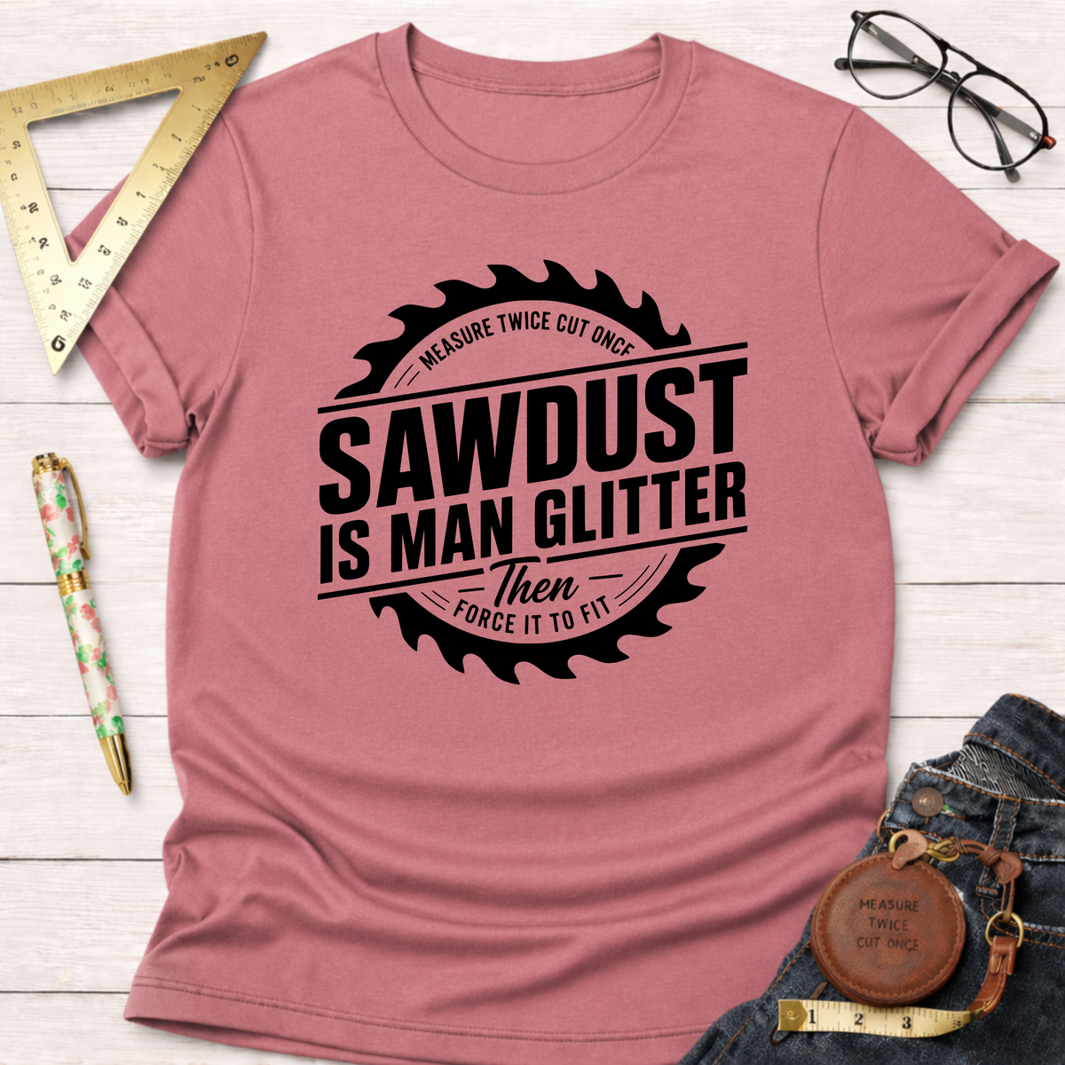 Pink cotton t-shirt with "Sawdust Is Man Glitter" graphic inside a saw blade design.