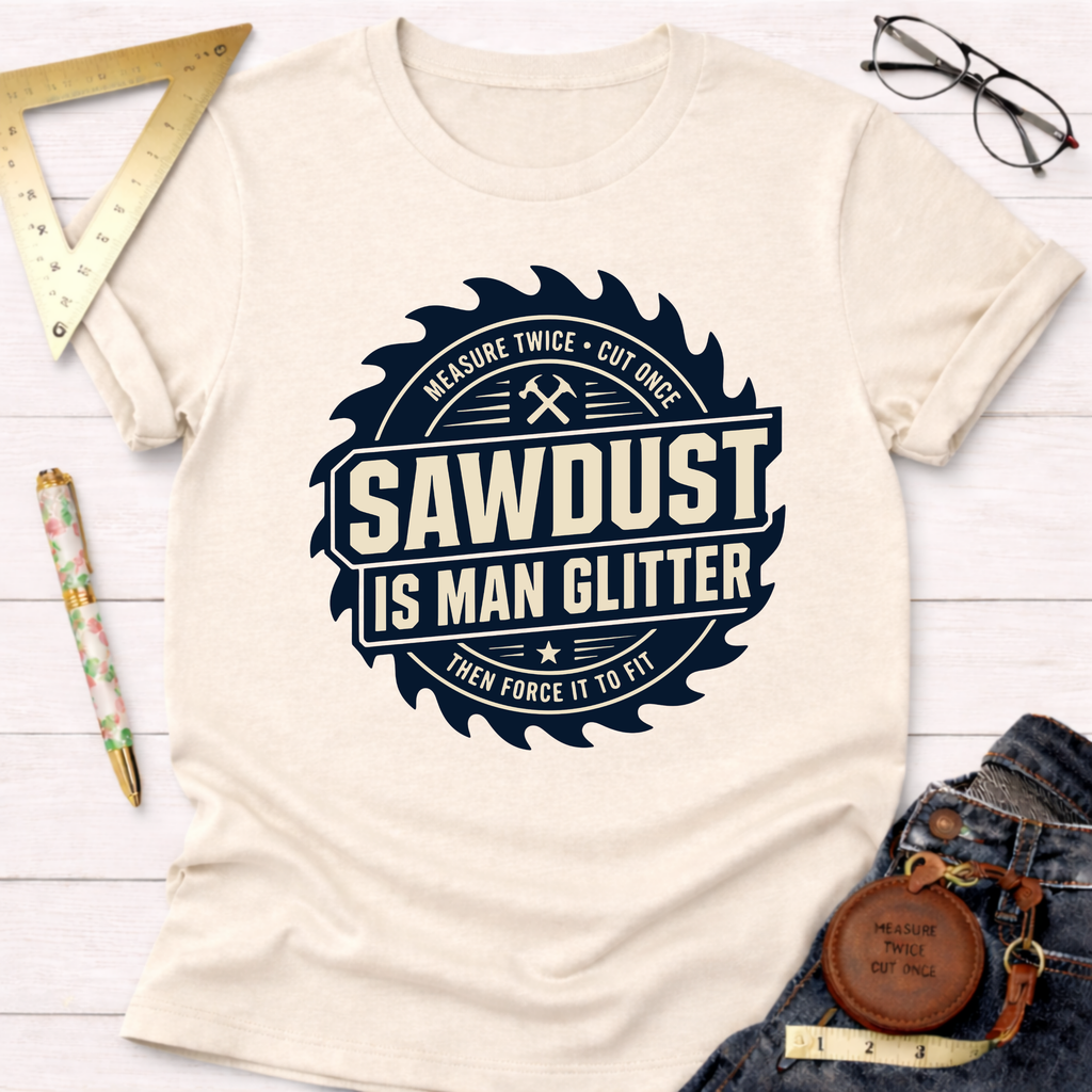 Cream t-shirt with "Sawdust Is Man Glitter" in a dark blue saw blade design.
