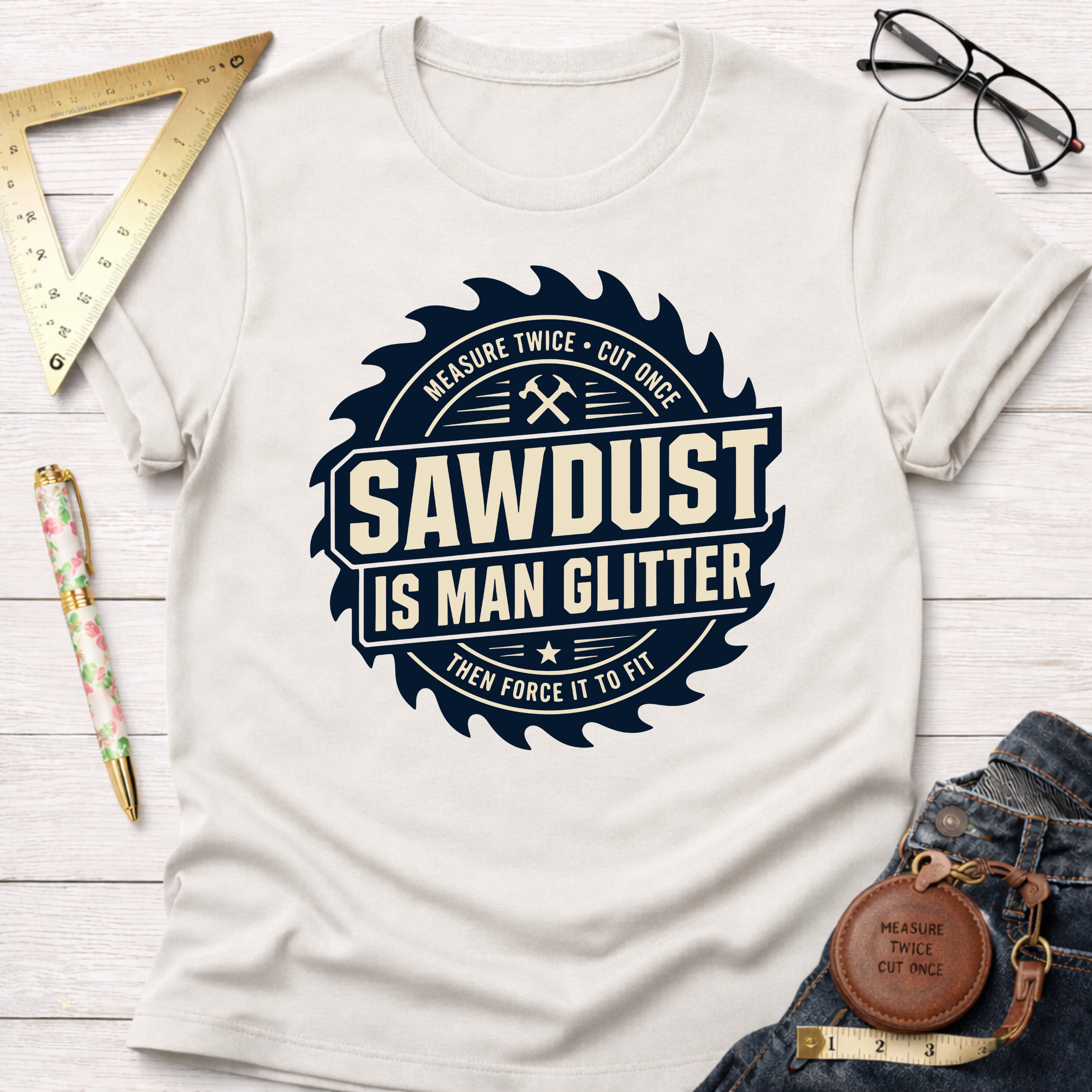White "Sawdust Is Man Glitter" t-shirt with a saw blade graphic, dark blue text, and tools.