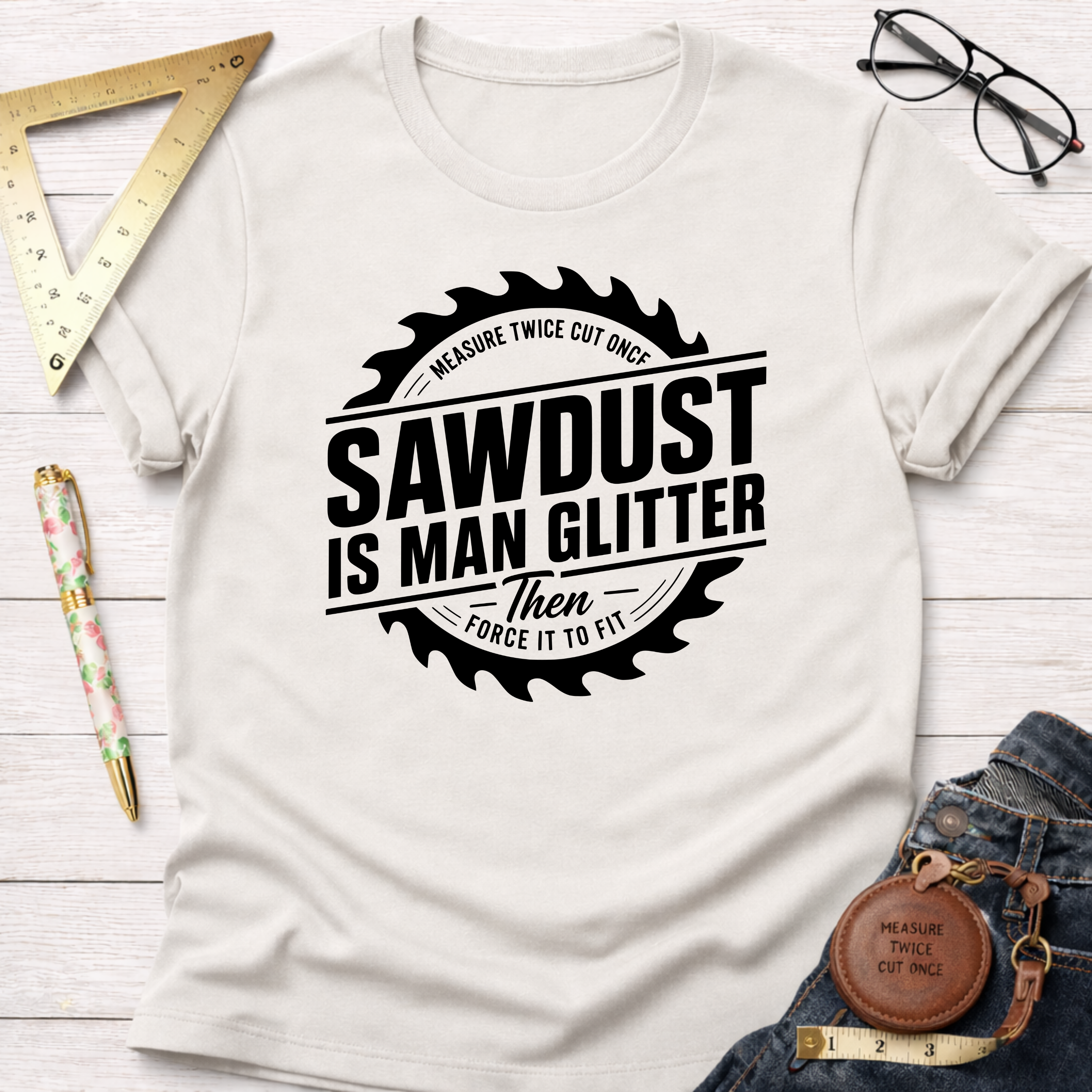 Cream cotton t-shirt with "Sawdust Is Man Glitter" graphic inside a saw blade design.