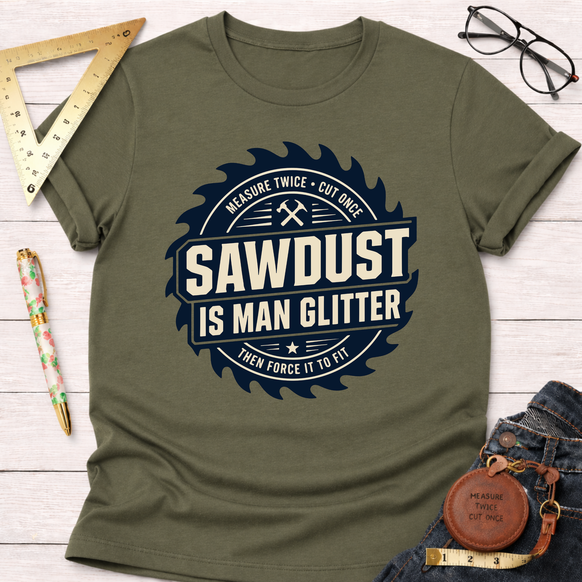 Olive green t-shirt with "Sawdust Is Man Glitter" design in a saw blade graphic.