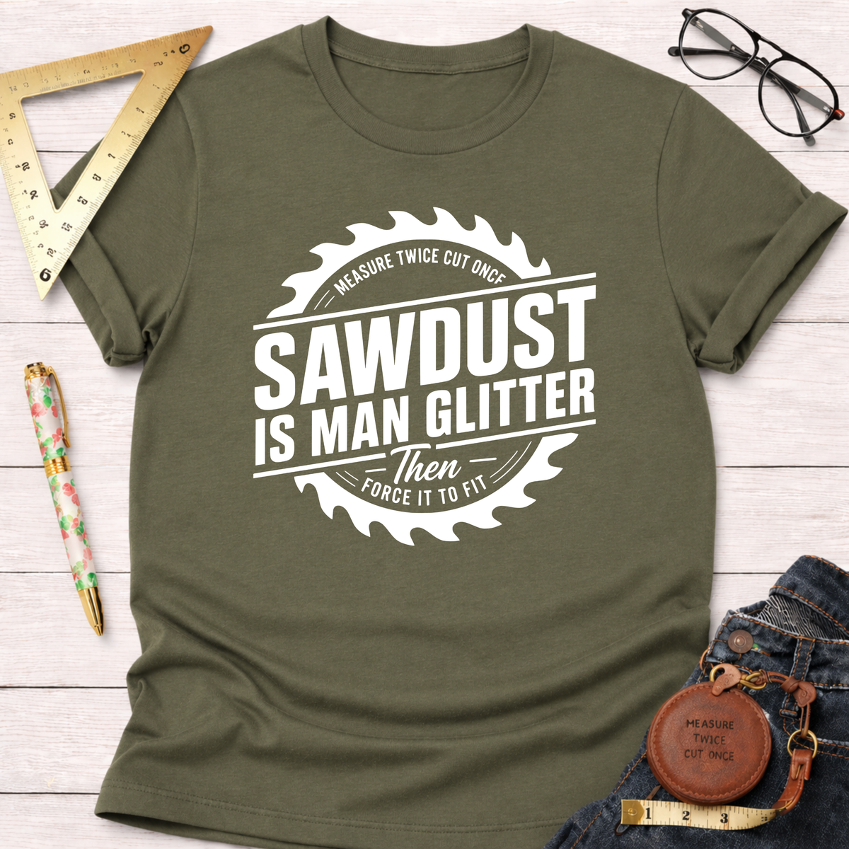 Olive green "Sawdust Is Man Glitter" t-shirt with white text and saw blade graphic, on a white wood background.