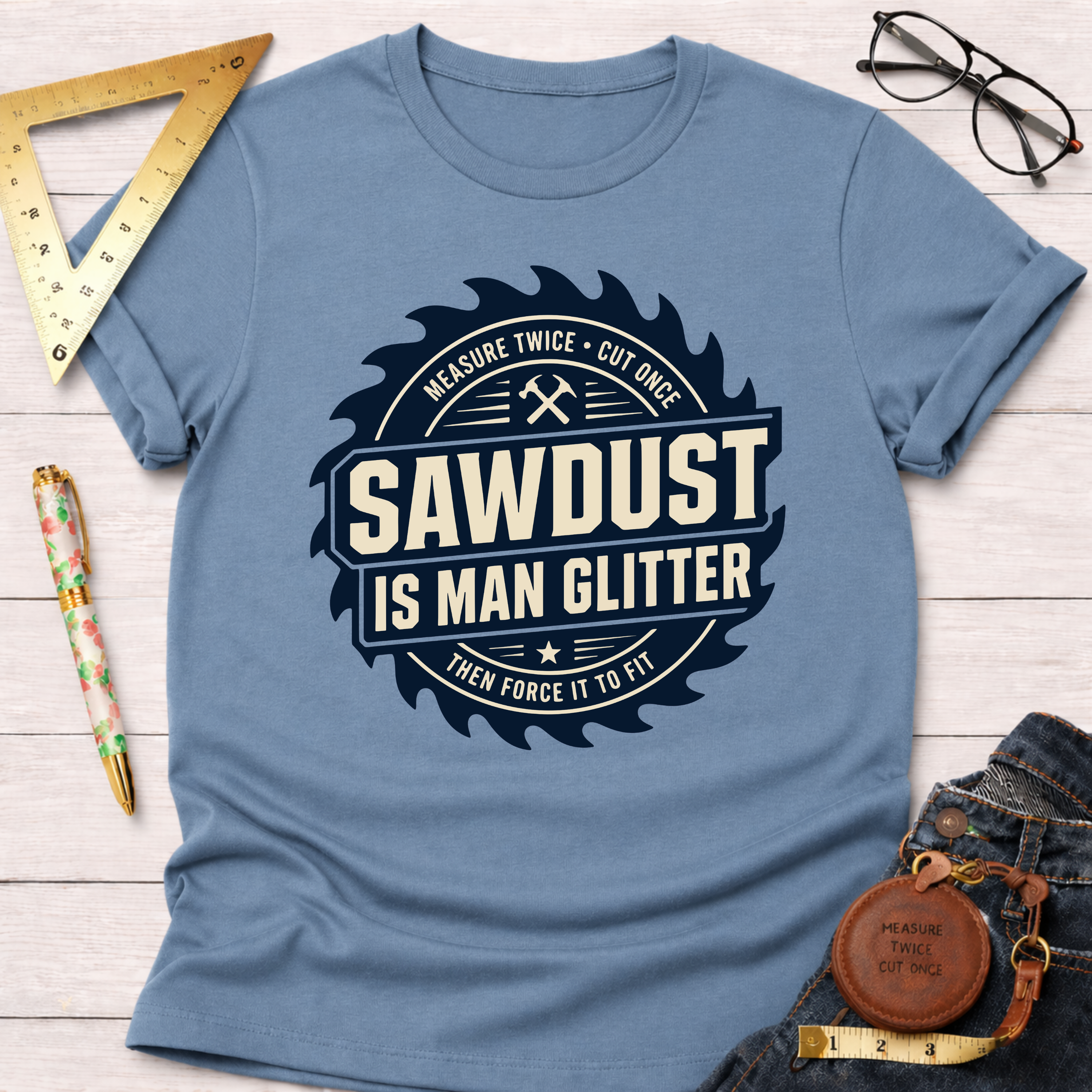 Light blue cotton t-shirt with "Sawdust Is Man Glitter" graphic in a circular saw blade design.