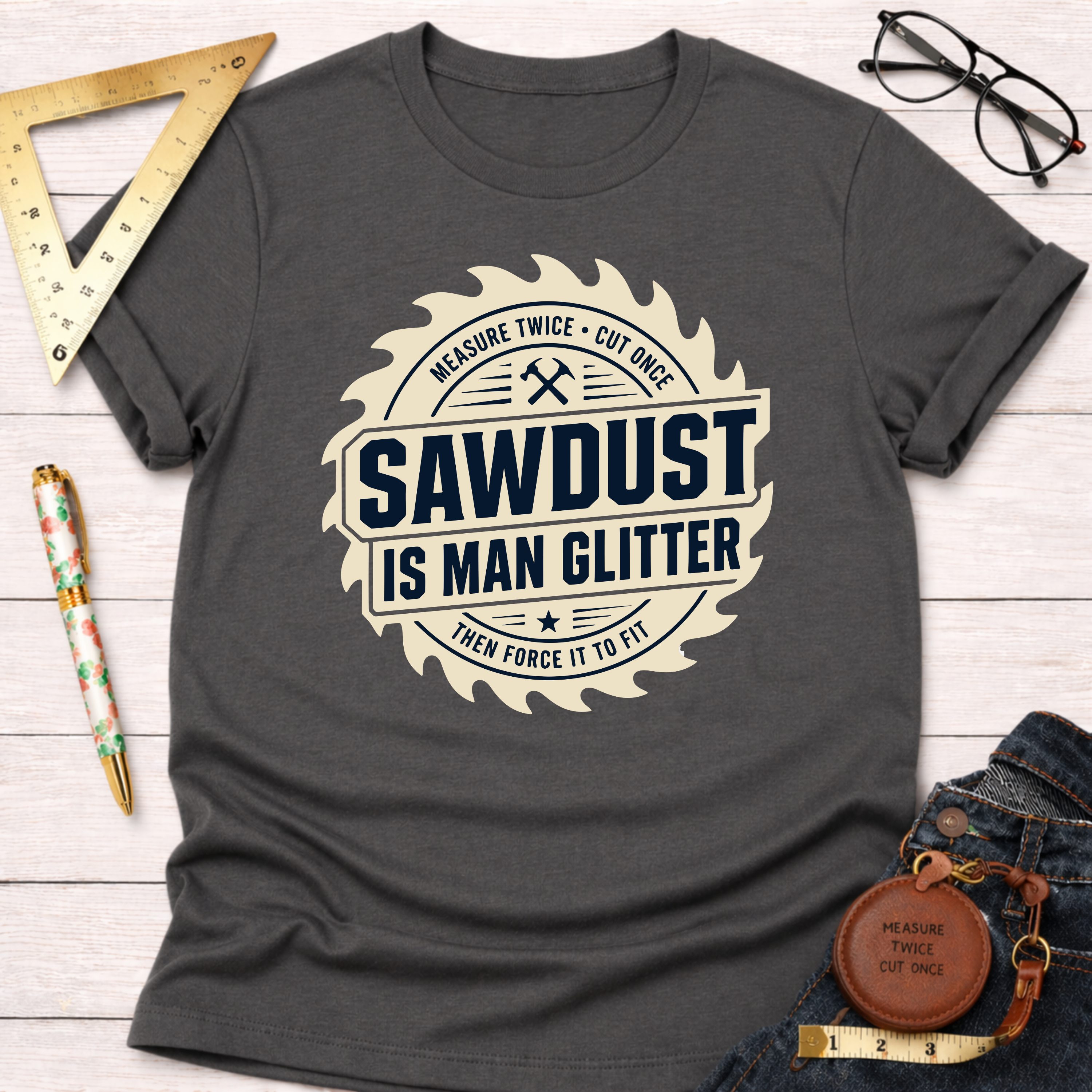 Dark gray t-shirt with "Sawdust Is Man Glitter" in a saw blade design.