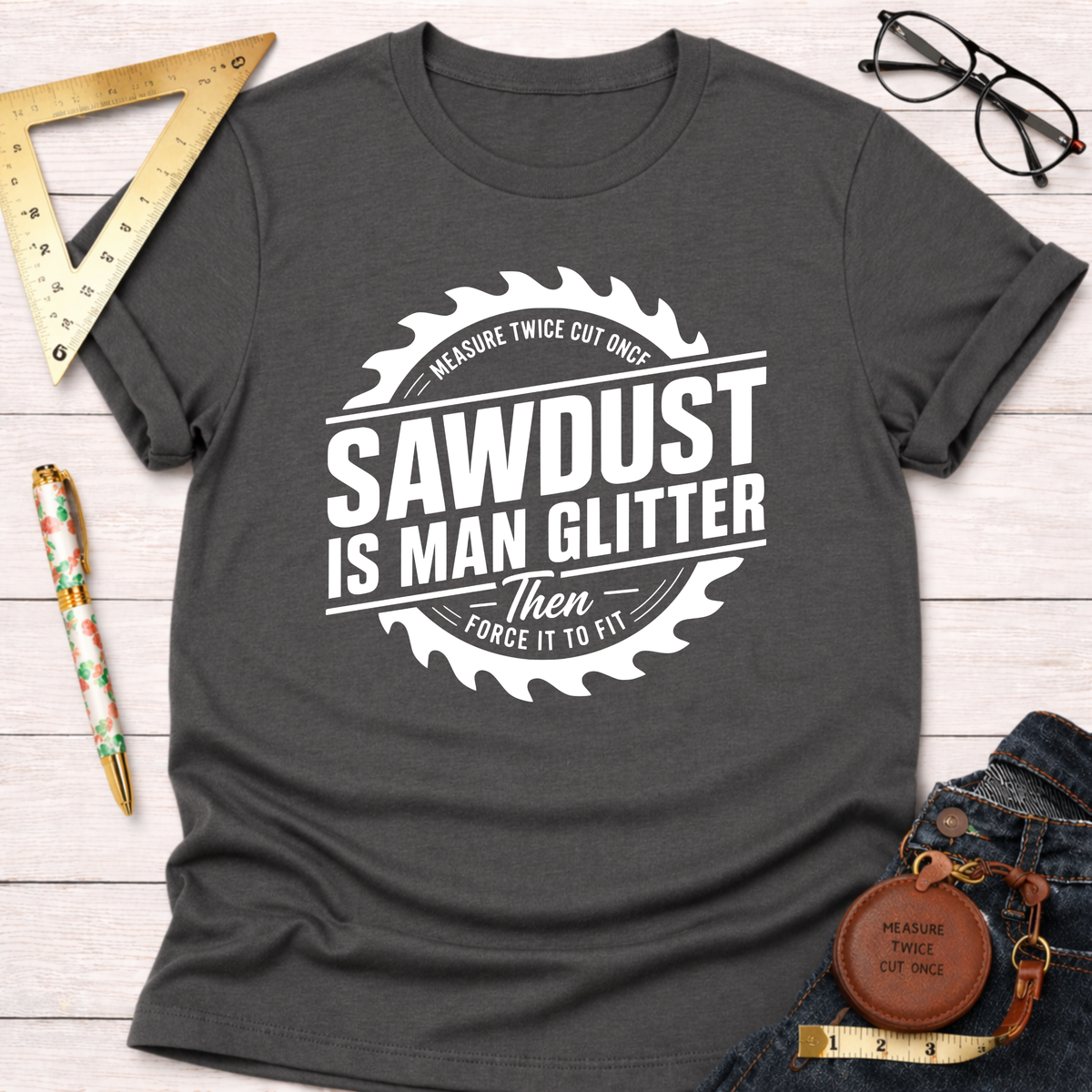 Charcoal gray cotton t-shirt with "Sawdust Is Man Glitter" graphic, surrounded by a saw blade design.