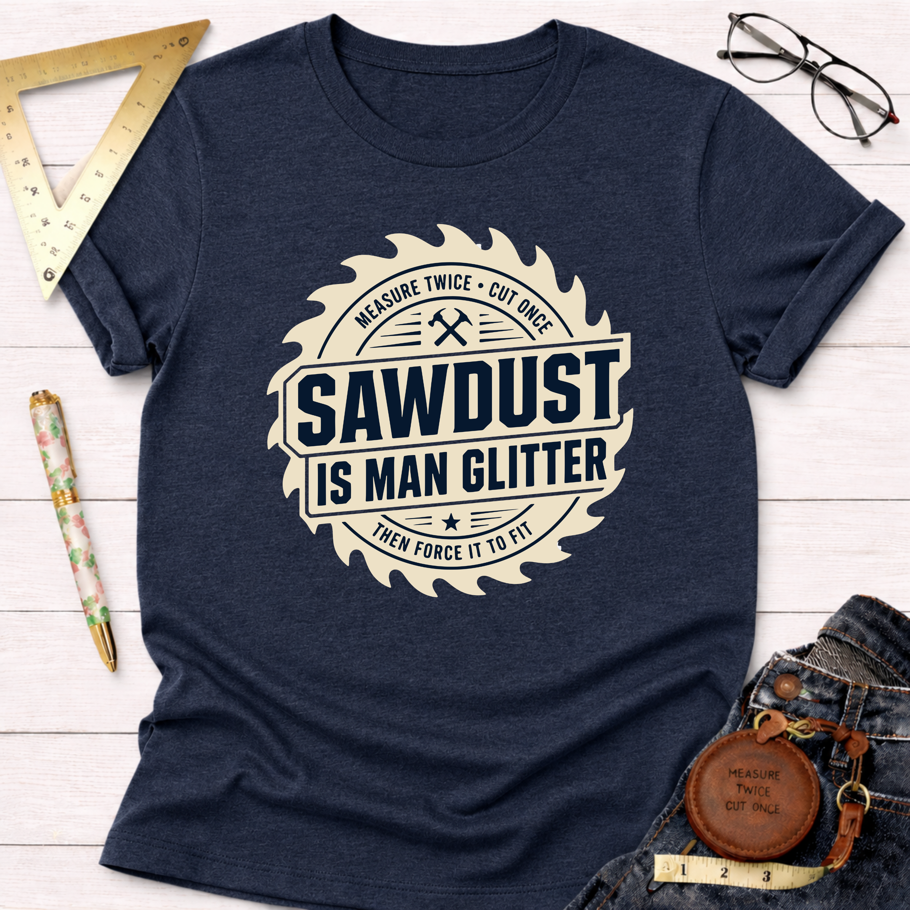 Navy blue "Sawdust Is Man Glitter" t-shirt with a saw blade graphic, styled on white wood.
