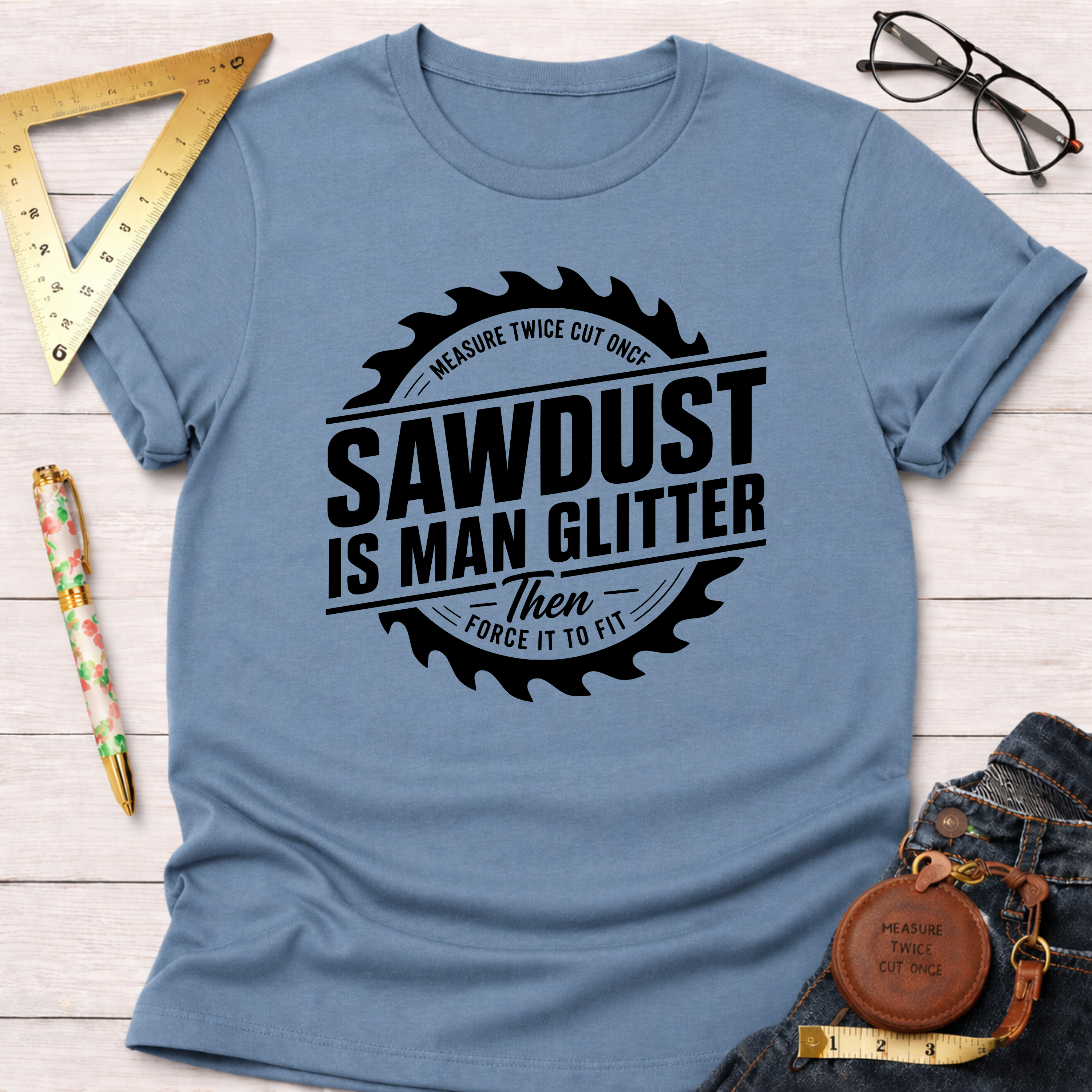 Light blue t-shirt with "Sawdust Is Man Glitter" text inside a saw blade graphic.