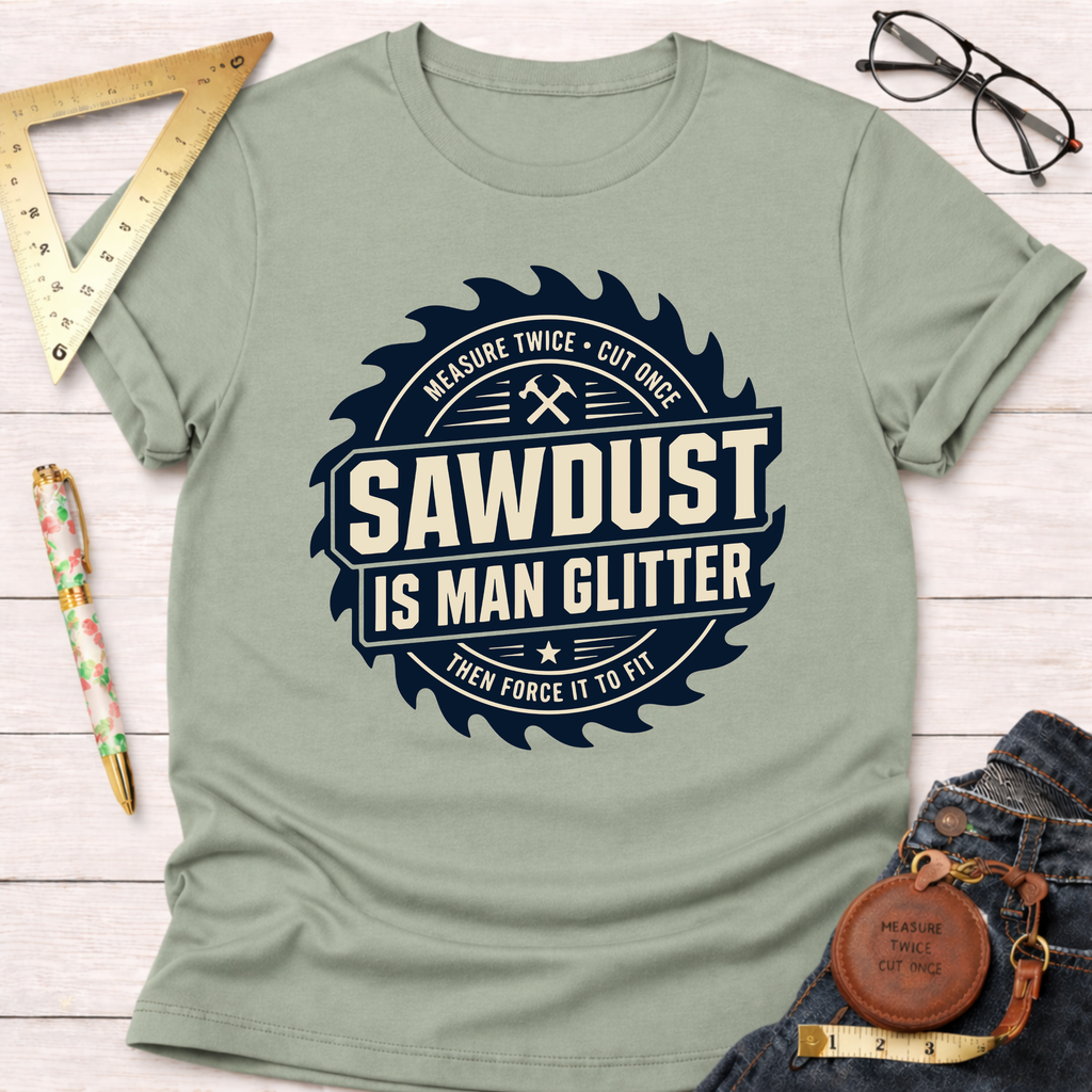 Light green t-shirt with "Sawdust Is Man Glitter" in a dark blue saw blade graphic.