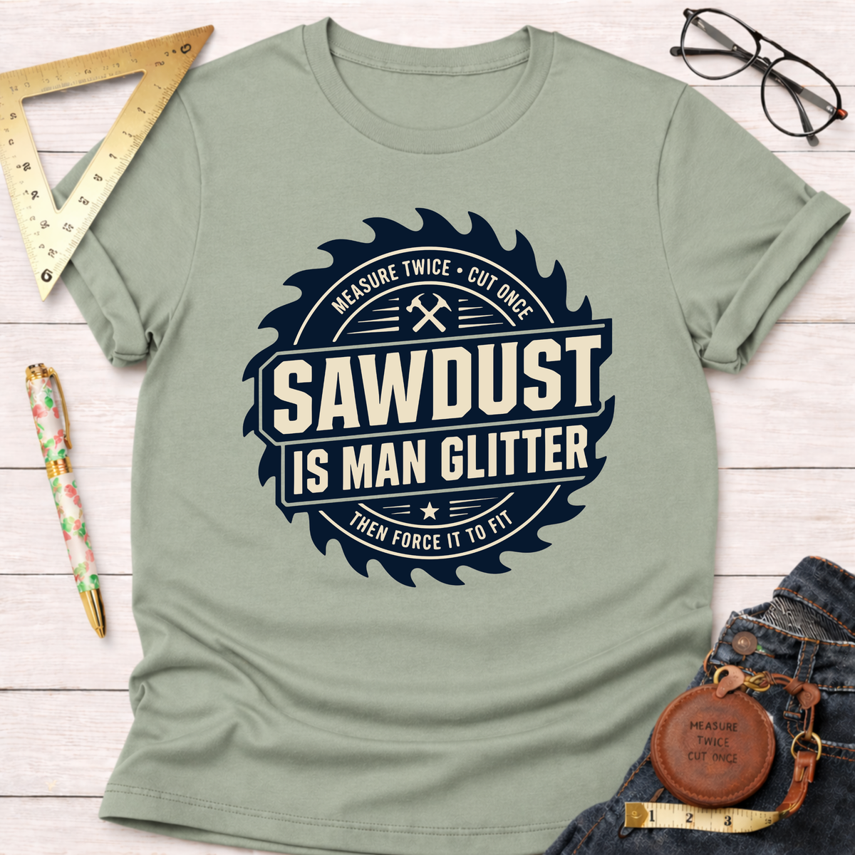 Light green t-shirt with "Sawdust Is Man Glitter" in a dark blue saw blade graphic.