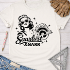 Women's funny woodworking graphic tee shirt for female woodworkers, makers, and DIY builders — Sawdust & Ponytails. White short-sleeve cotton tee with a black graphic of a sassy woman holding a circular saw and "Sawdust & Sass" text.