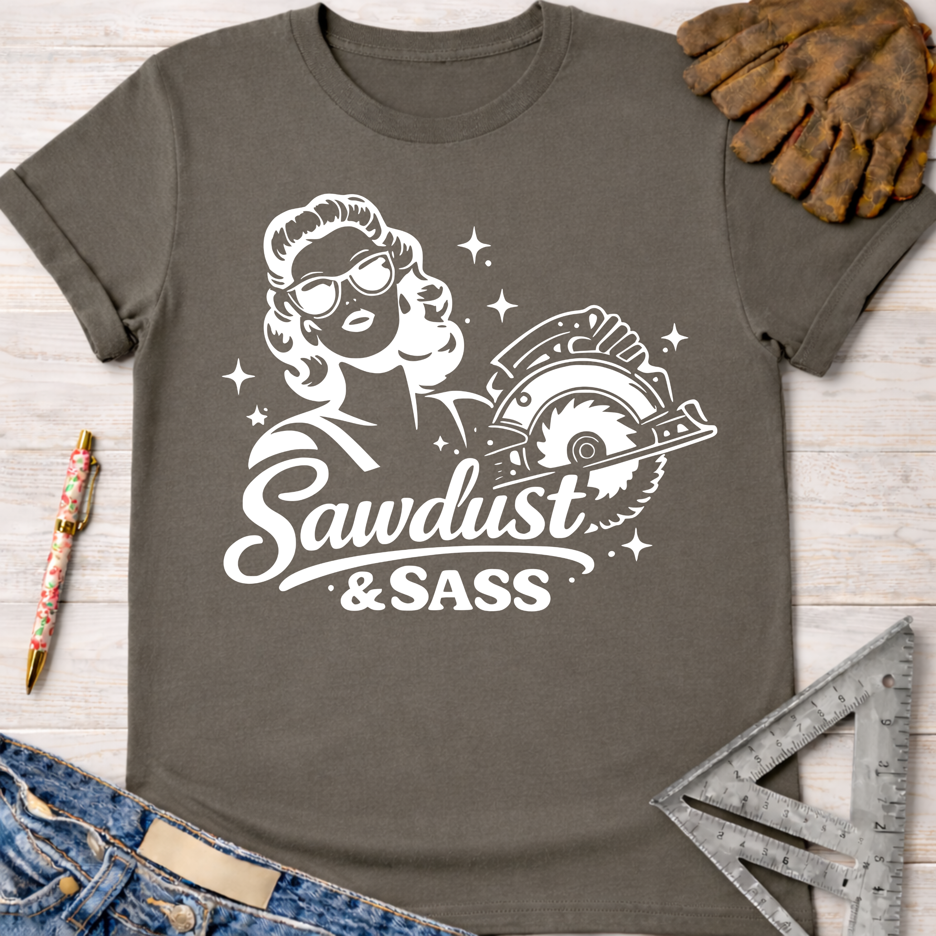 Women's funny woodworking graphic tee shirt for female woodworkers, makers, and DIY builders — Sawdust & Ponytails. Dark gray cotton tee with white graphic of a retro woman holding a circular saw, "Sawdust & Sass" text.