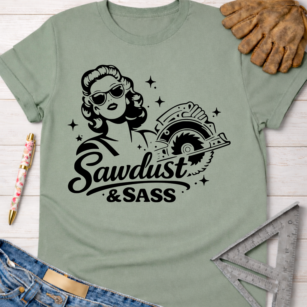 Women's funny woodworking graphic tee shirt for female woodworkers, makers, and DIY builders — Sawdust & Ponytails.